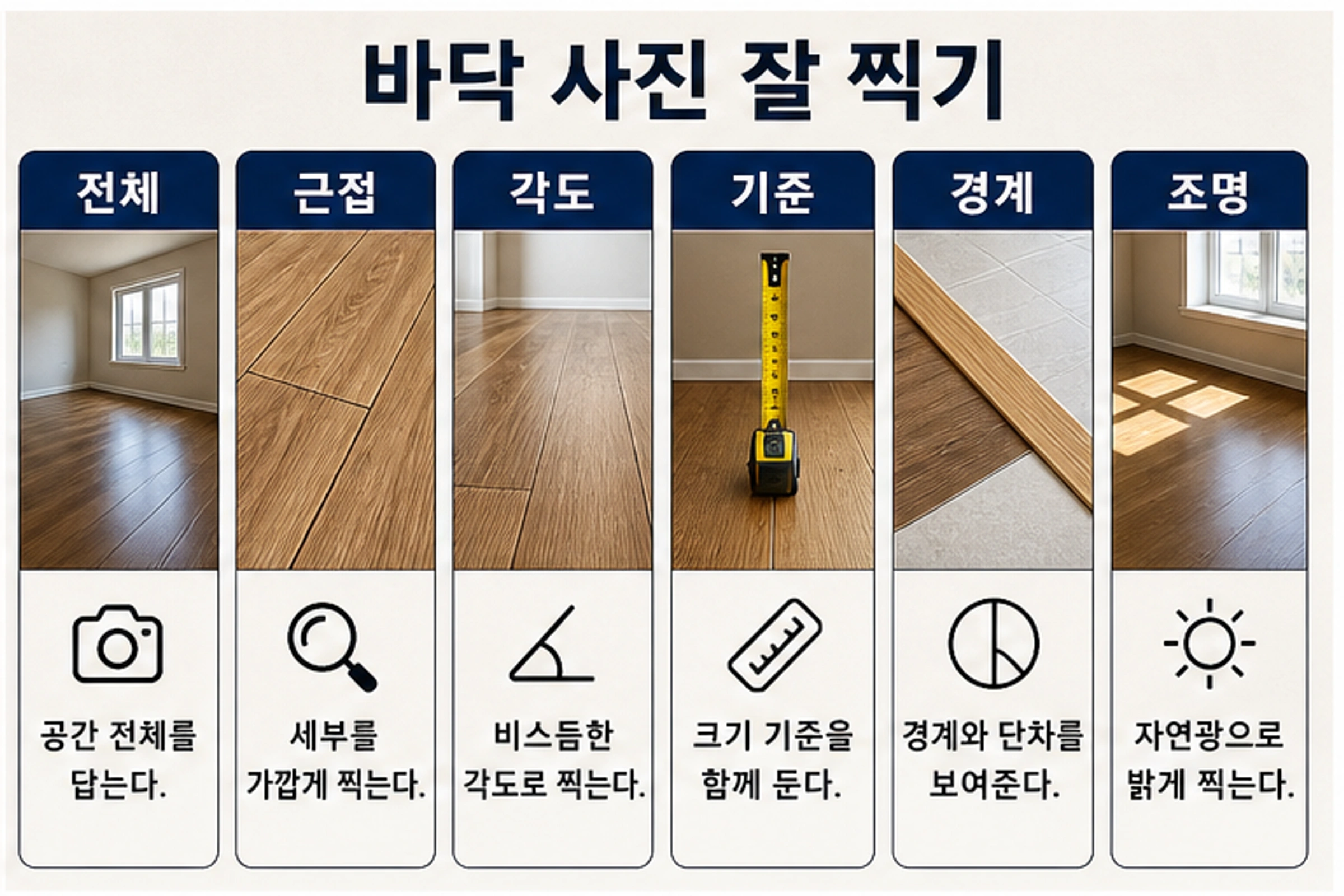 바닥 사진 촬영 체크리스트: 전체, 근접, 낮은 각도, 기준 물체, 가장자리, 조명.
