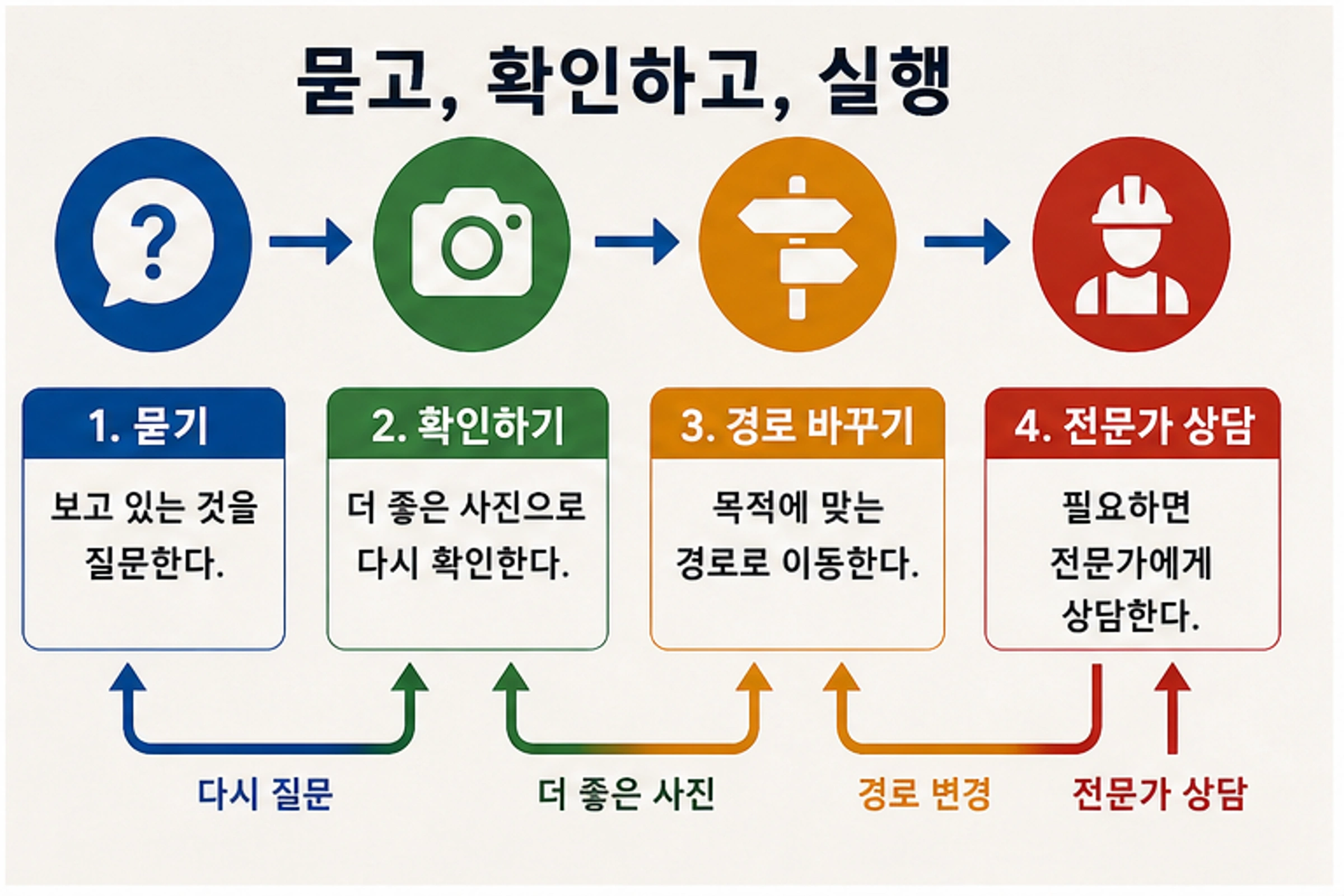 바닥 사진 질문 흐름: 좁게 묻고, 사진을 개선하고, 경로를 바꾸거나 전문가에게 넘긴다.