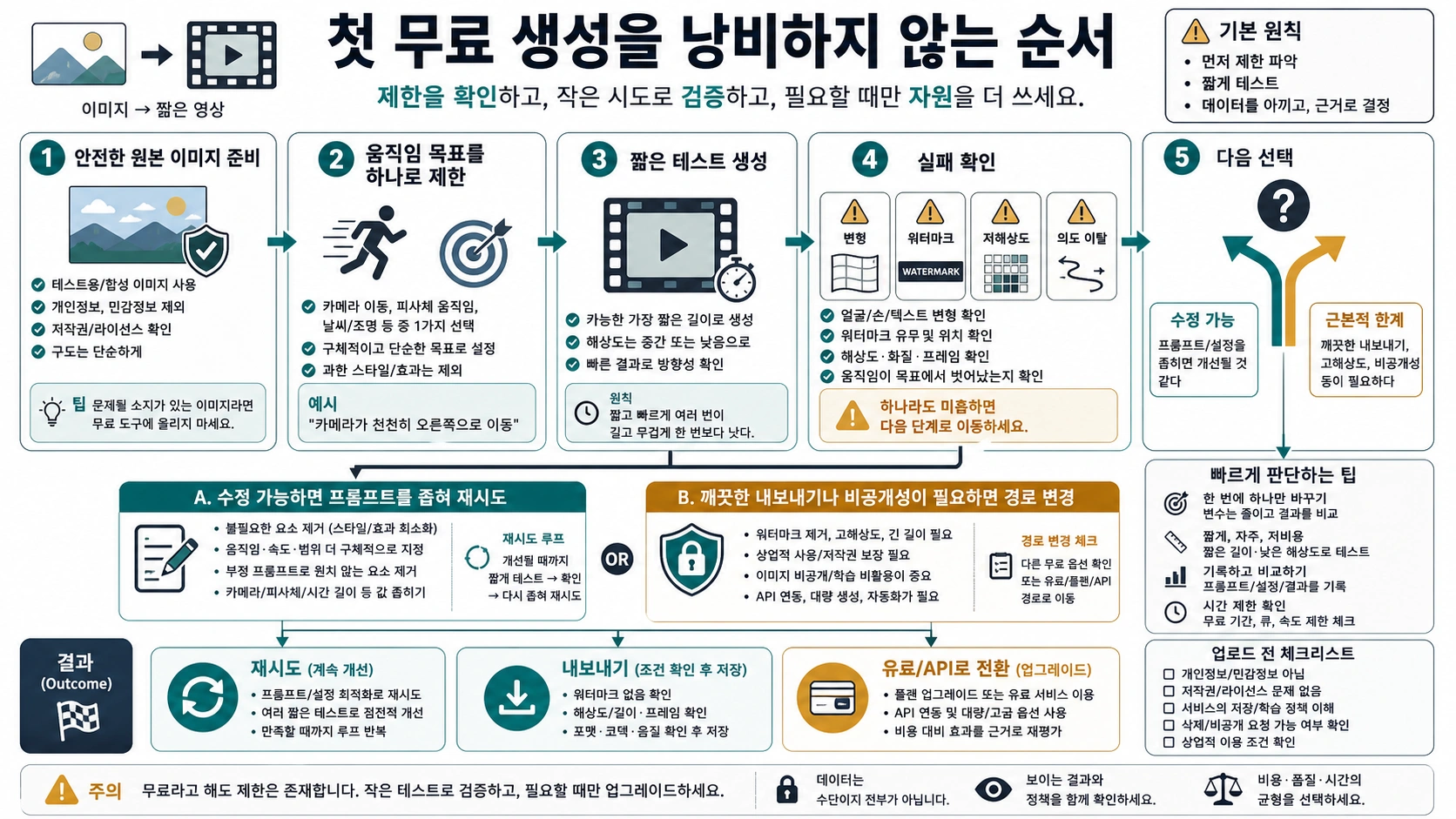 첫 무료 생성에서 안전한 원본 이미지, 좁은 움직임, 짧은 테스트, 실패 확인, 재시도 또는 경로 변경을 판단하는 흐름
