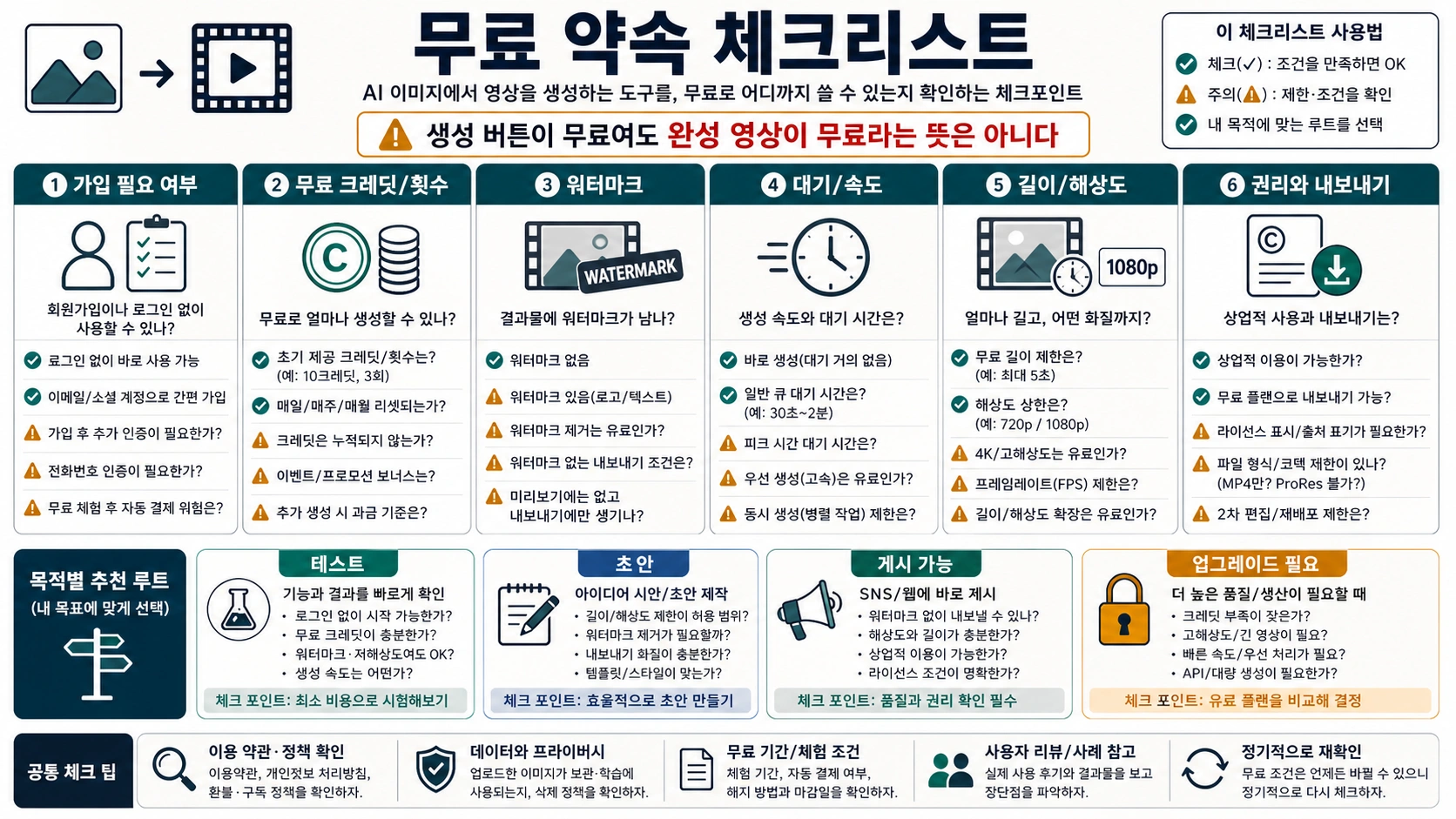 가입, 무료 크레딧, 워터마크, 대기, 품질, 권리를 확인하는 무료 약속 체크리스트