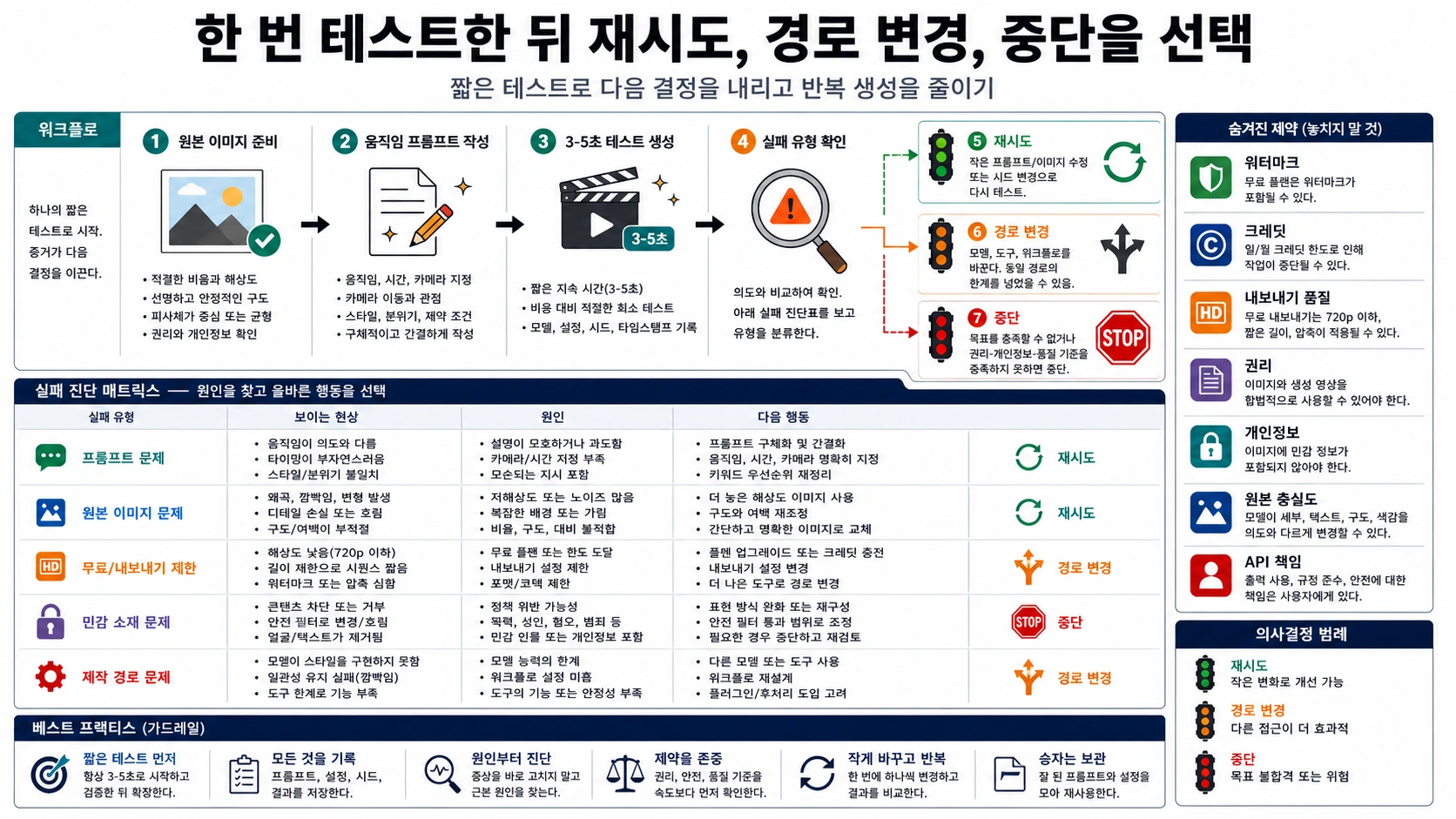 첫 이미지-영상 테스트 흐름. 이미지를 준비하고, 짧은 prompt를 쓰고, 짧은 영상을 생성한 뒤 실패 유형에 따라 재생성·전환·중단을 선택한다.