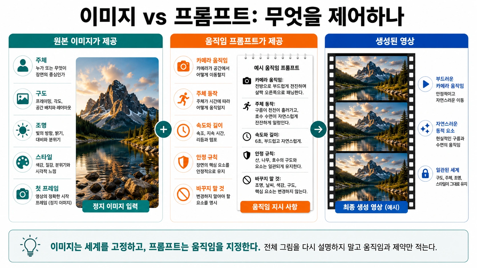 원본 이미지와 motion prompt의 역할 분리. 원본은 주체와 구도를 고정하고, prompt는 카메라, 행동, 시간, 안정 규칙을 지시한다.