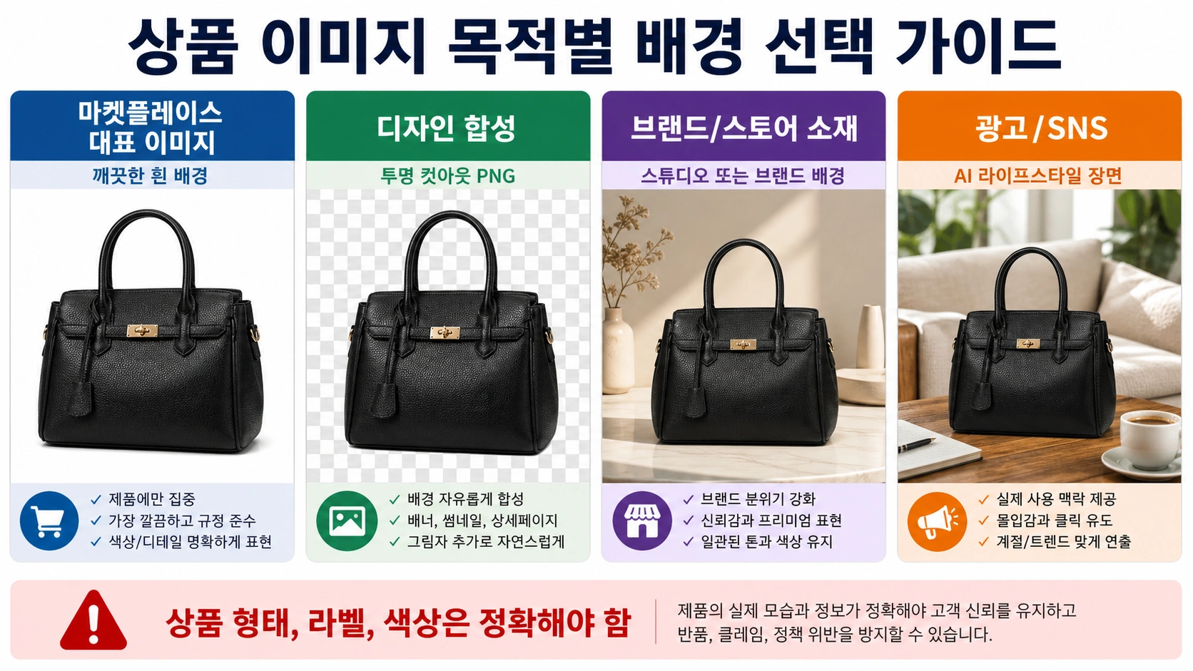마켓 흰 배경, 투명 컷아웃, 스튜디오 배경, AI 장면 배경을 비교하는 상품 이미지 출력 매트릭스.