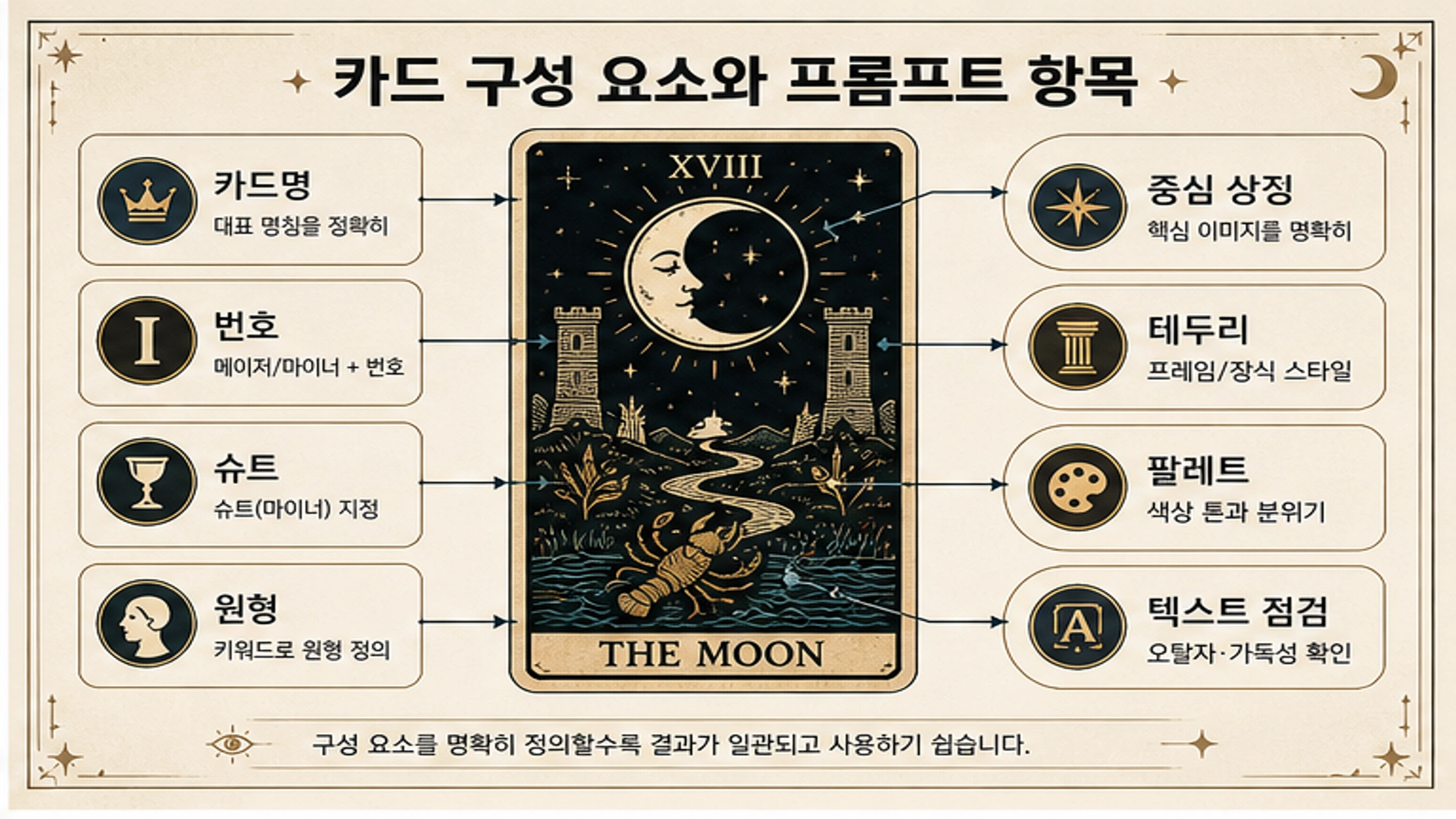 카드 이름, 번호, 슈트, 원형, 중심 상징, 테두리, 팔레트, 텍스트 검사를 보여주는 타로 카드 프롬프트 구조
