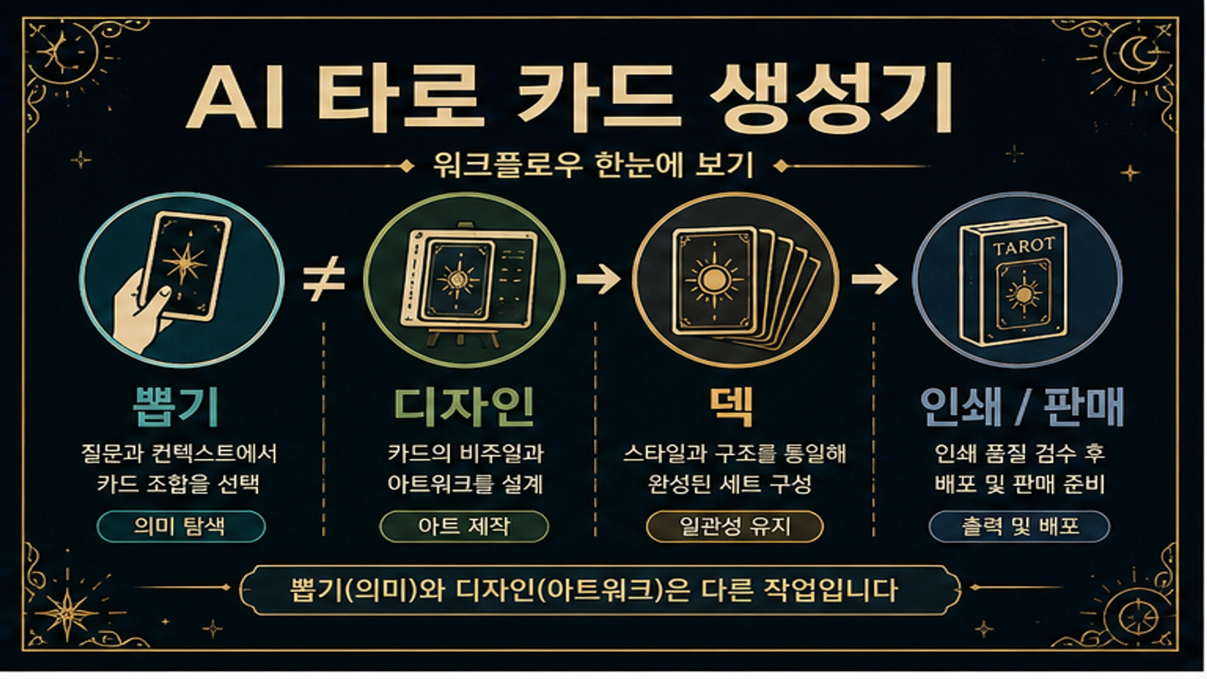 AI 타로 카드 생성기: 뽑기, 카드 이미지, 덱 제작, 공개 검사를 먼저 나누기