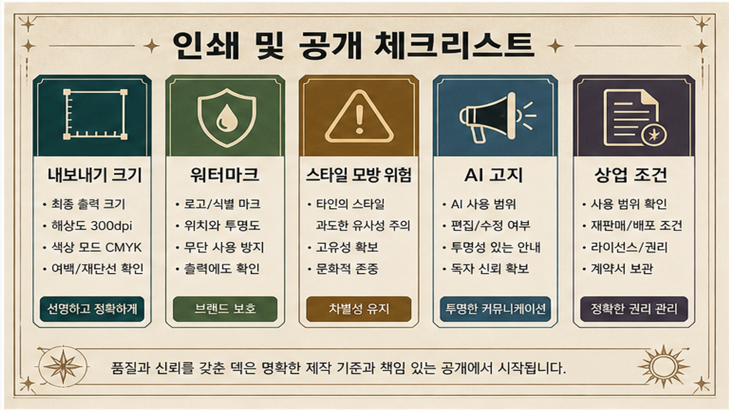 AI 타로 카드를 인쇄하거나 판매하기 전 내보내기, 워터마크, 모방 위험, AI 표시, 상업 조건을 확인하는 체크리스트