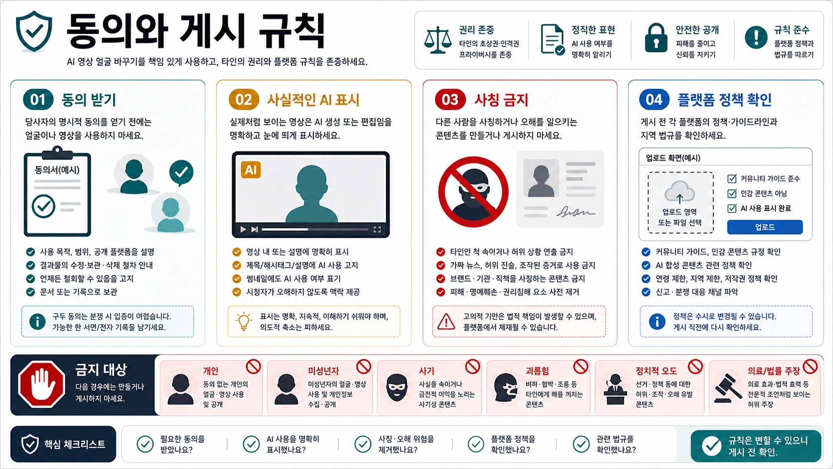 동영상 얼굴 바꾸기 공개 전 체크: 동의, 표시, 사칭, 미성년자, 사기, 괴롭힘, 플랫폼 규칙