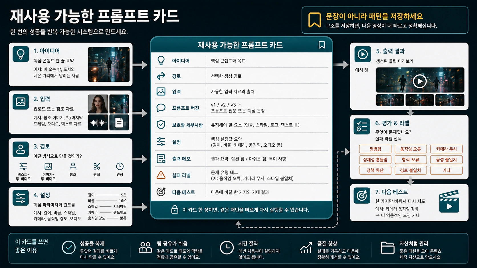 AI 동영상 프롬프트의 조건, 결과, 실패, 다음 테스트를 저장하는 기록 카드