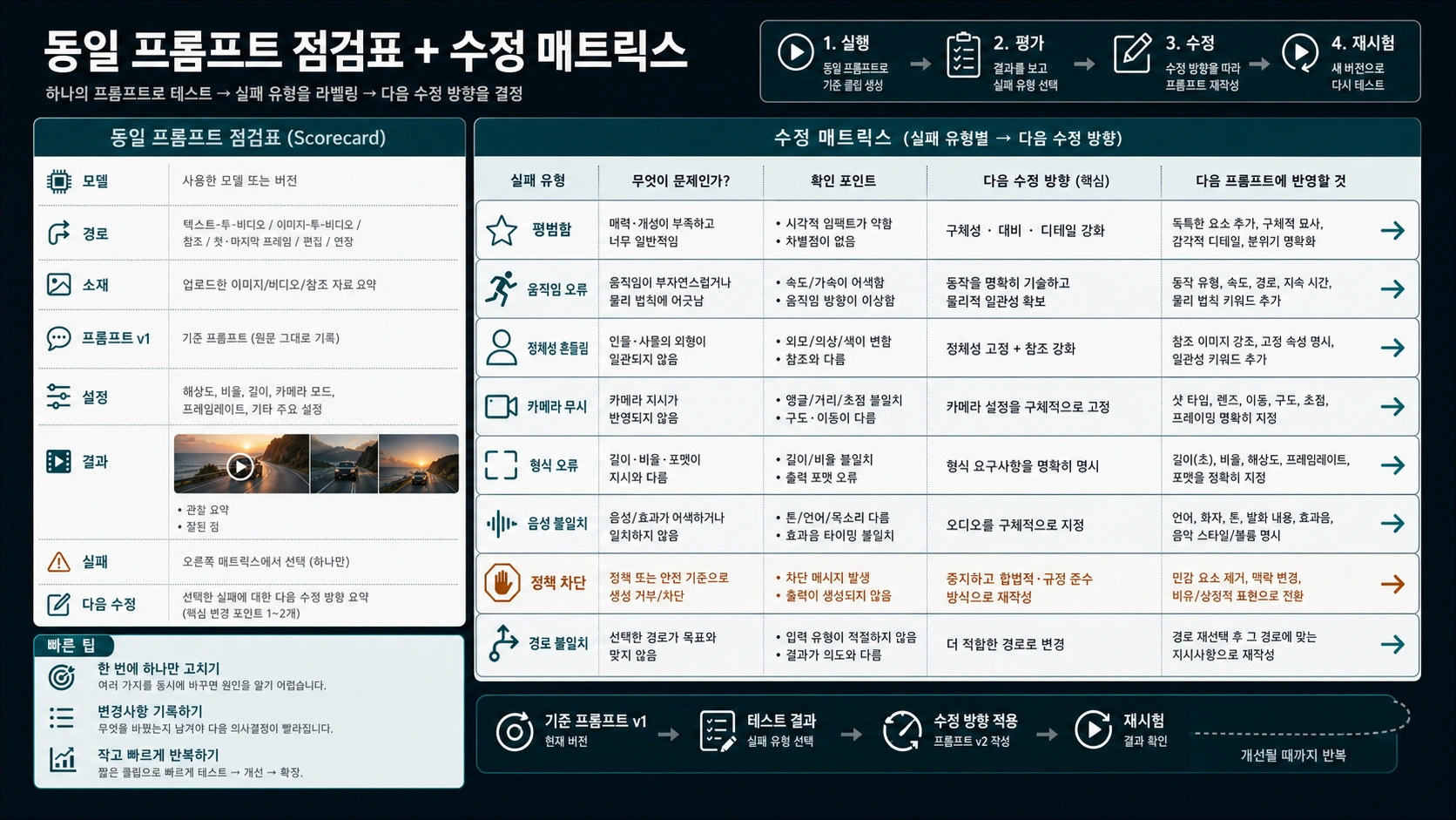 같은 프롬프트 결과를 채점하고 실패별 다음 행동을 고르는 매트릭스
