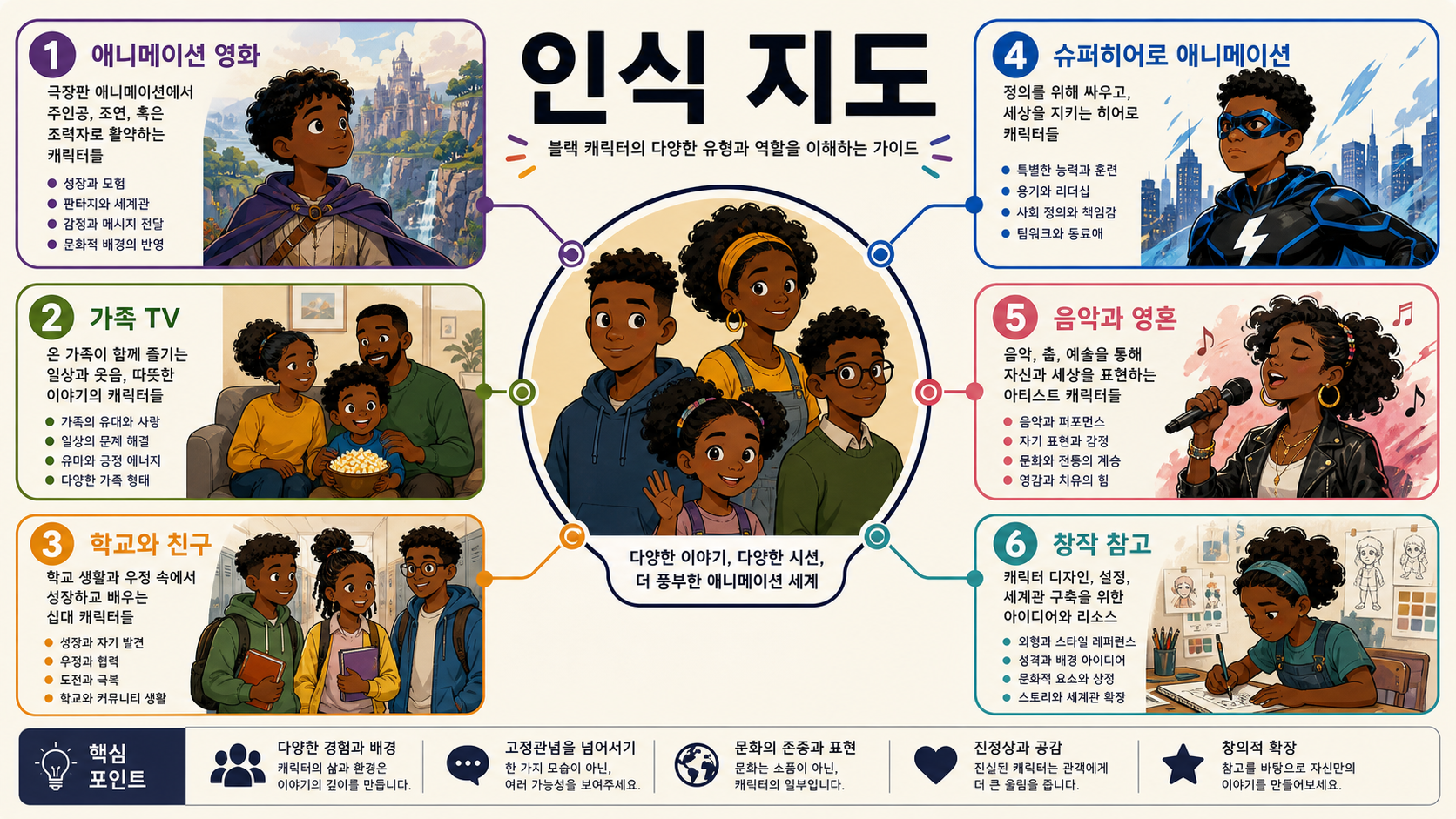 애니메이션 영화, 가족 TV, 학교와 친구, 슈퍼히어로, 음악과 영혼, 창작 참고로 나눈 인식 지도.