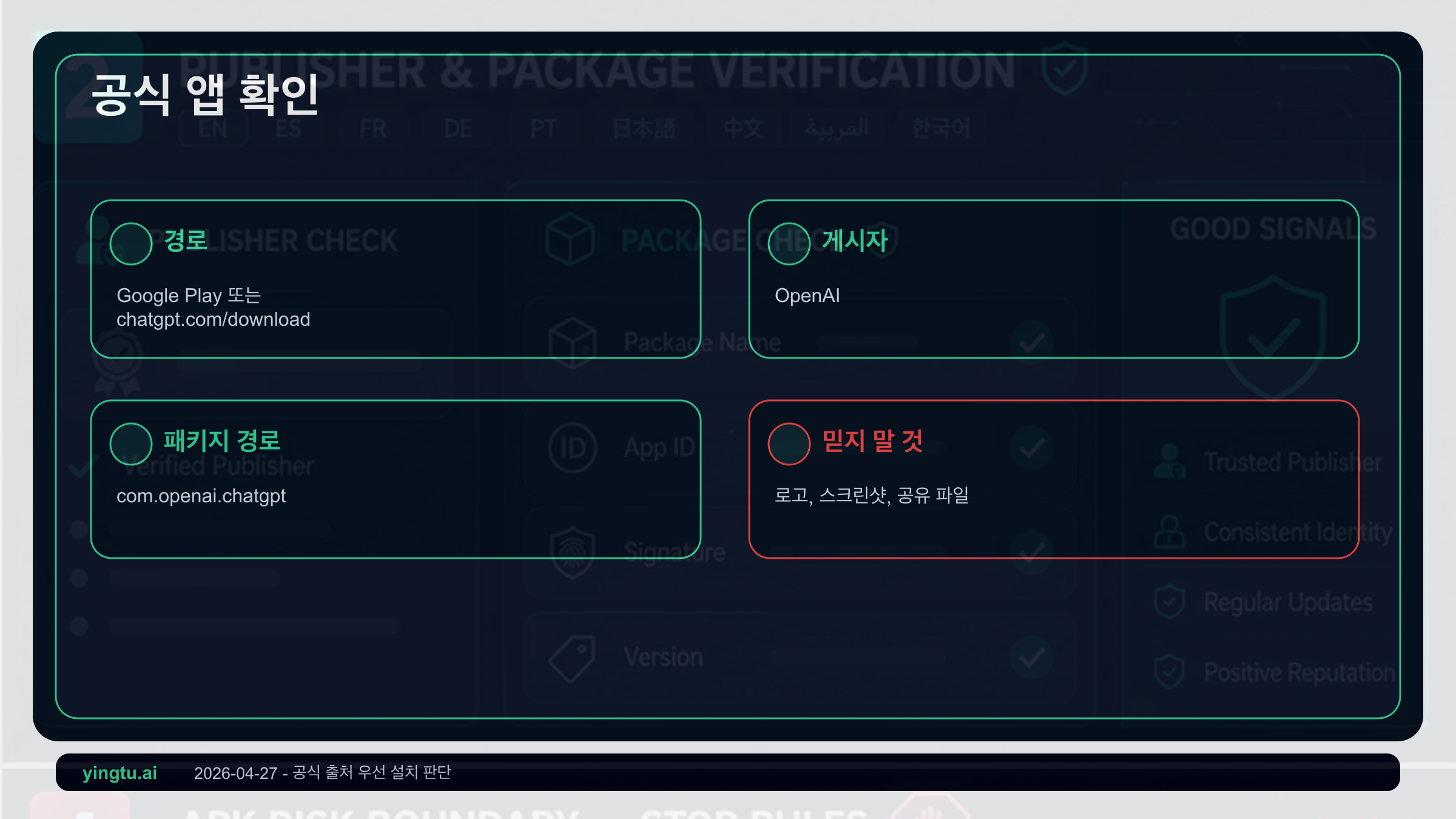 공식 ChatGPT Android 앱 확인 항목: Google Play, OpenAI 게시자, 공식 다운로드 페이지, 패키지 경로