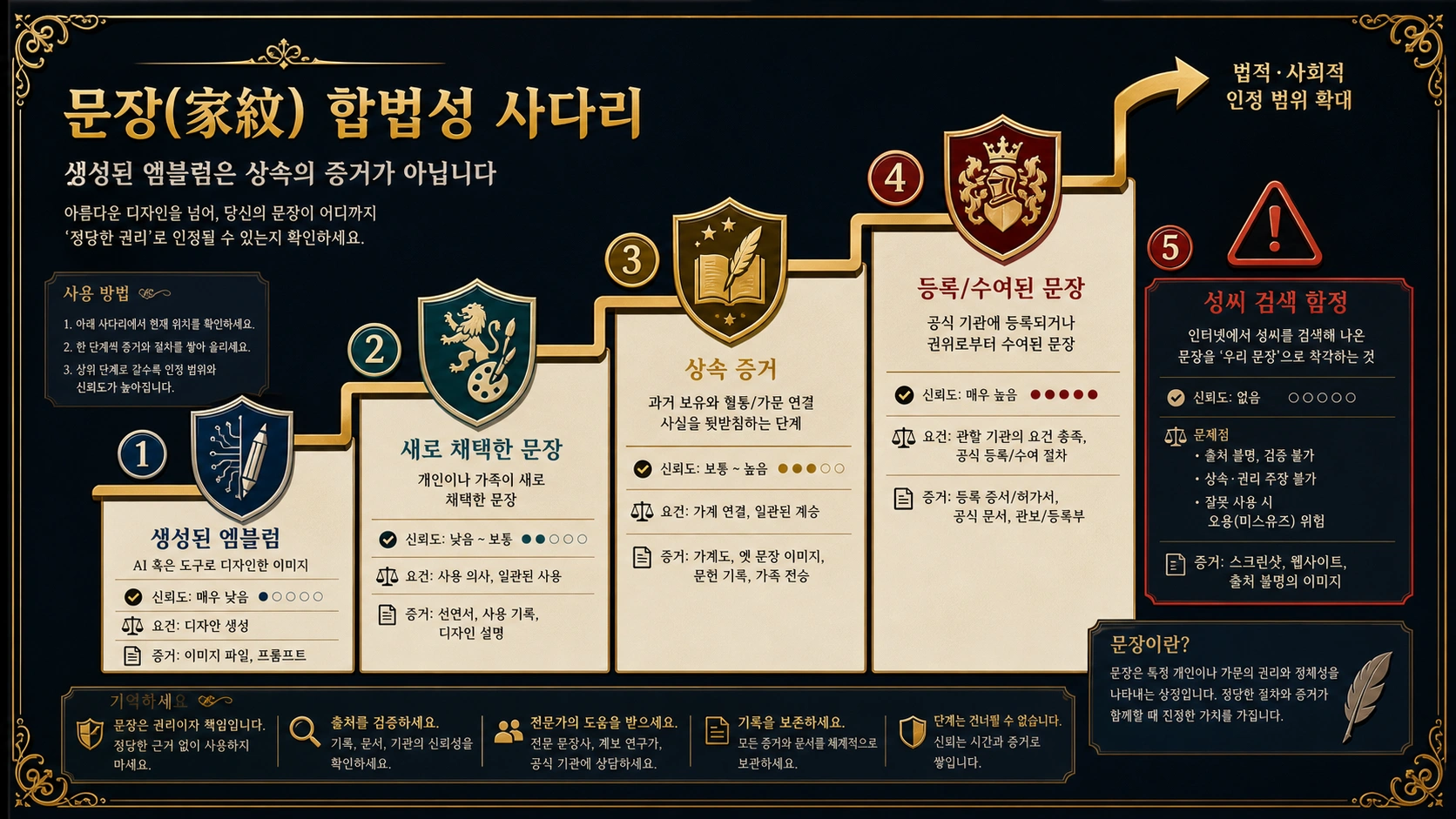 생성 엠블럼, 개인 채택, 상속 증명, 등록 또는 수여, 성씨 함정을 구분하는 정당성 단계