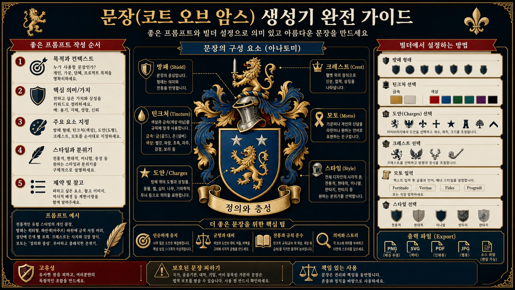 가문 문장 프롬프트와 제작 브리프 구조. 방패, 색, charge, crest, 표어, 독창성, 파일 확인을 보여준다