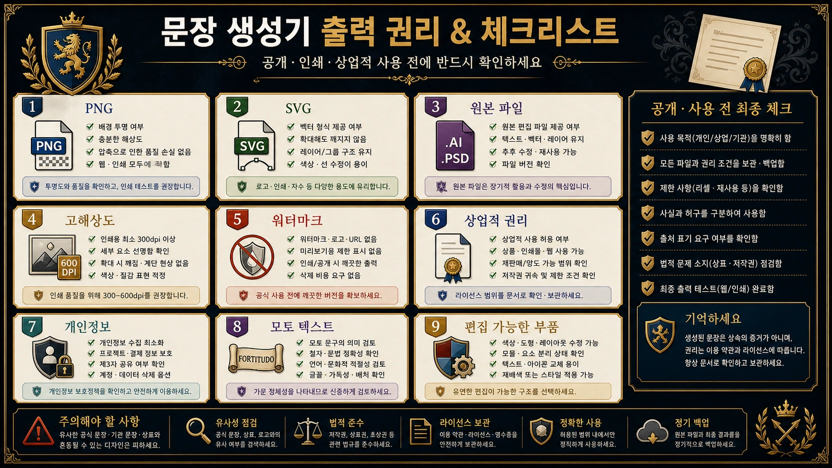 가문 문장 제작기의 출력 형식, 워터마크, 상업적 권리, 개인정보, 표어, 편집 가능성을 확인하는 체크리스트