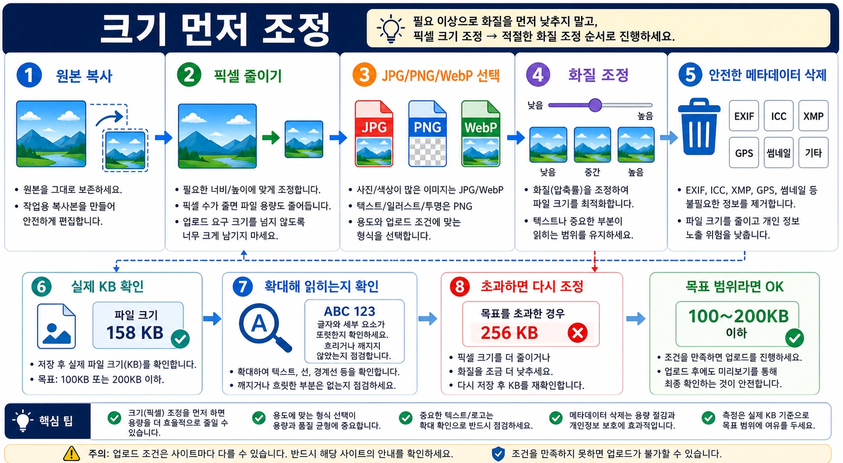 픽셀 크기, 형식, 화질, 실제 KB 확인 흐름