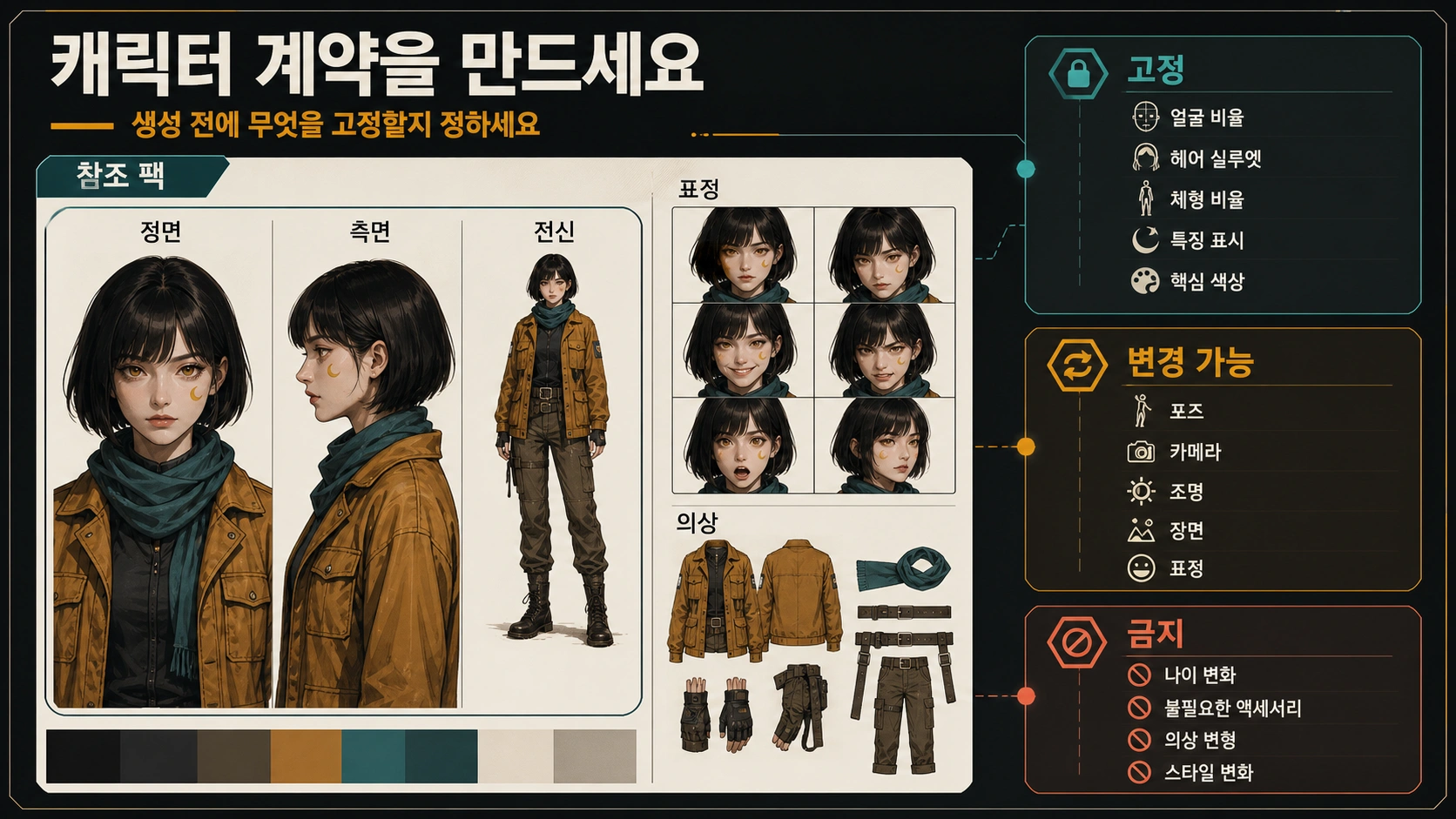 고정 특징, 바꿀 수 있는 특징, 허용하지 않을 변화를 나눈 캐릭터 기준표