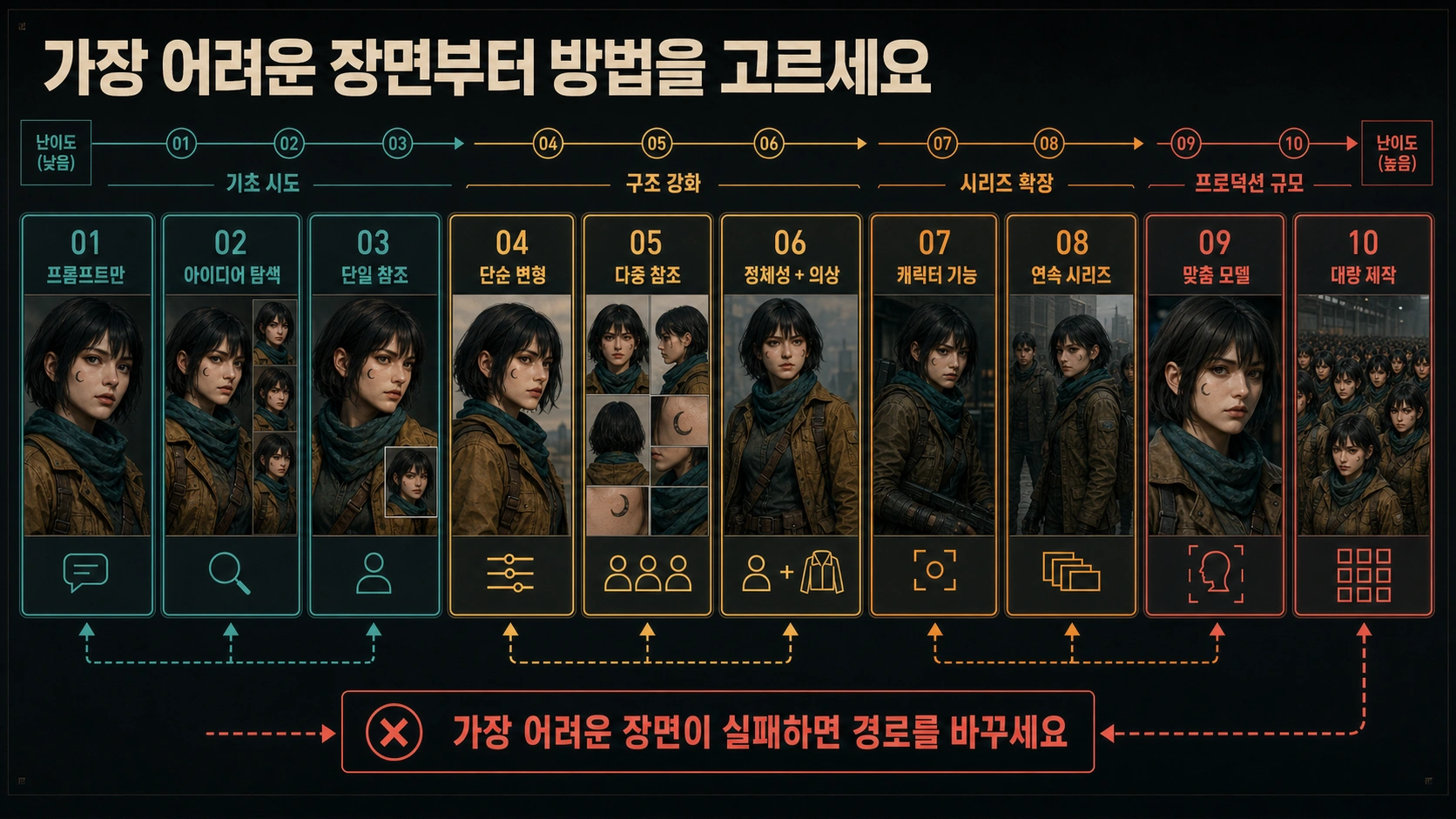 가장 어려운 장면과 제작 분량으로 캐릭터 유지 방식을 고르는 지도