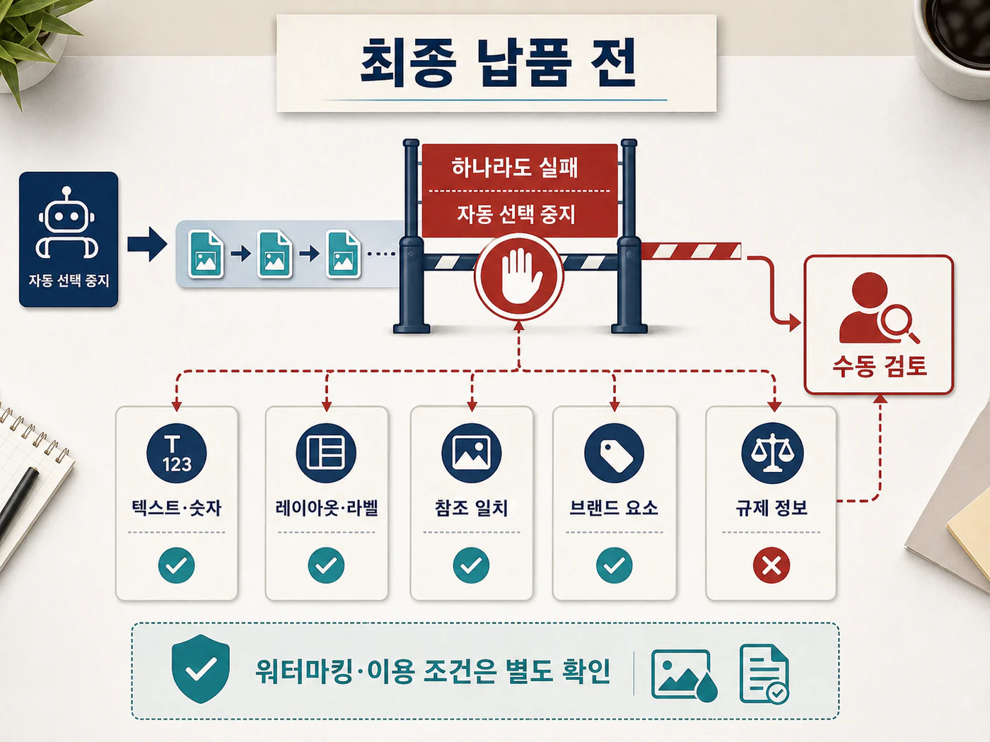 최종 납품 전 사람이 확인해야 할 정지 조건: 텍스트 정확성, 레이아웃, 참조 일치, 브랜드와 규제 정보가 하나라도 실패하면 자동 선택을 멈춘다.