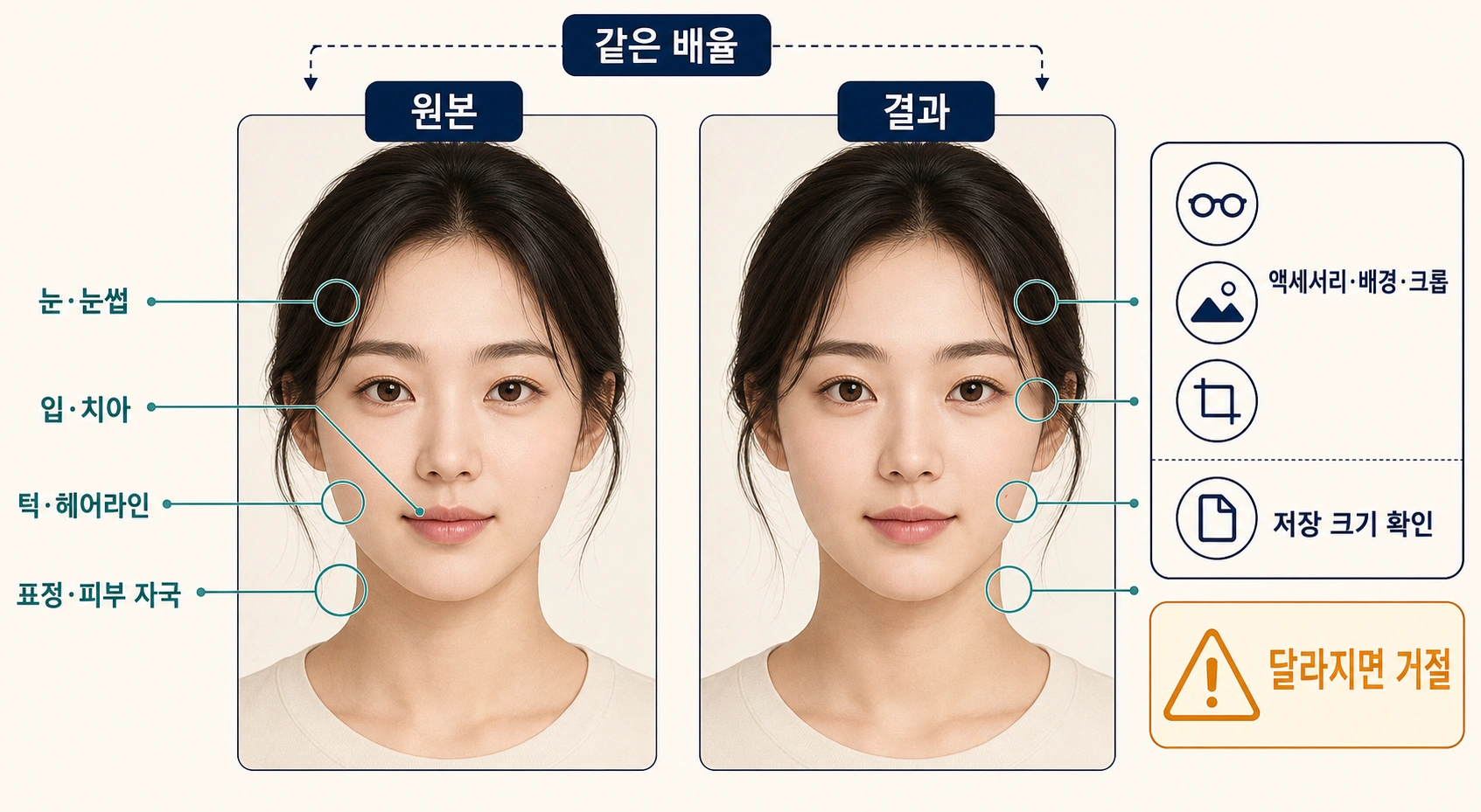 원본과 결과를 같은 배율로 비교하며 눈, 입, 턱선, 표정과 주변 요소를 확인하는 얼굴 동일성 체크리스트