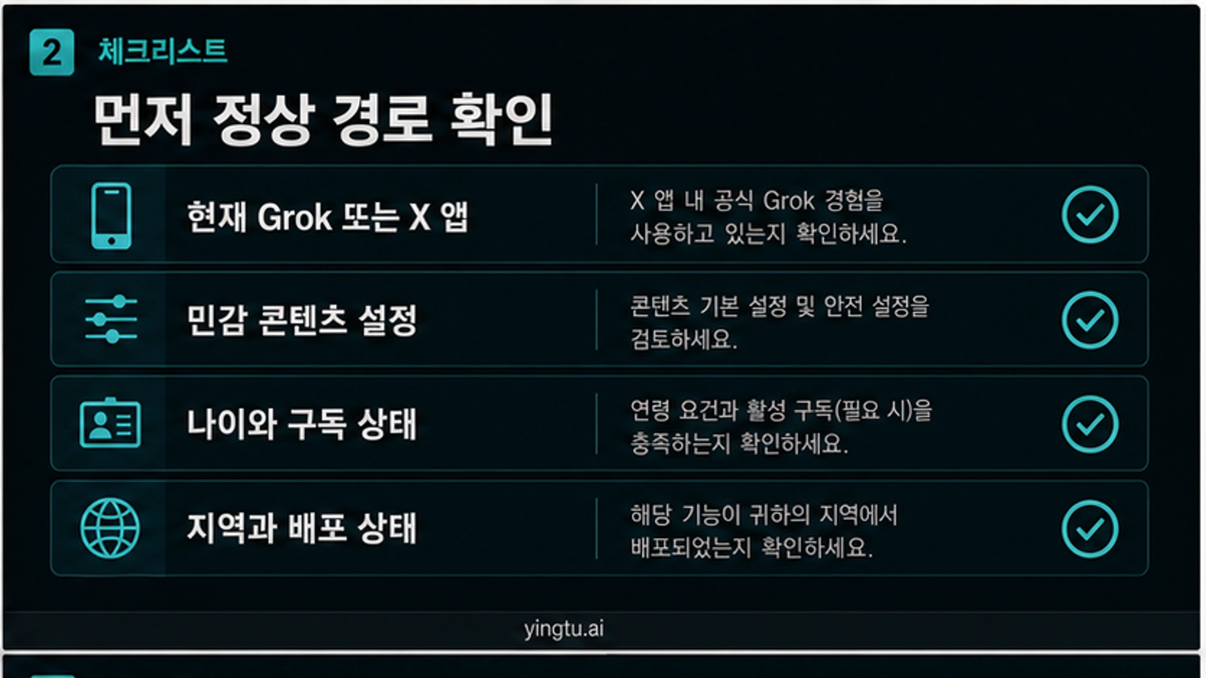 Grok Imagine Spicy Mode 공식 확인 체크리스트. 앱, 콘텐츠 설정, 나이, 구독, 지역을 확인한다