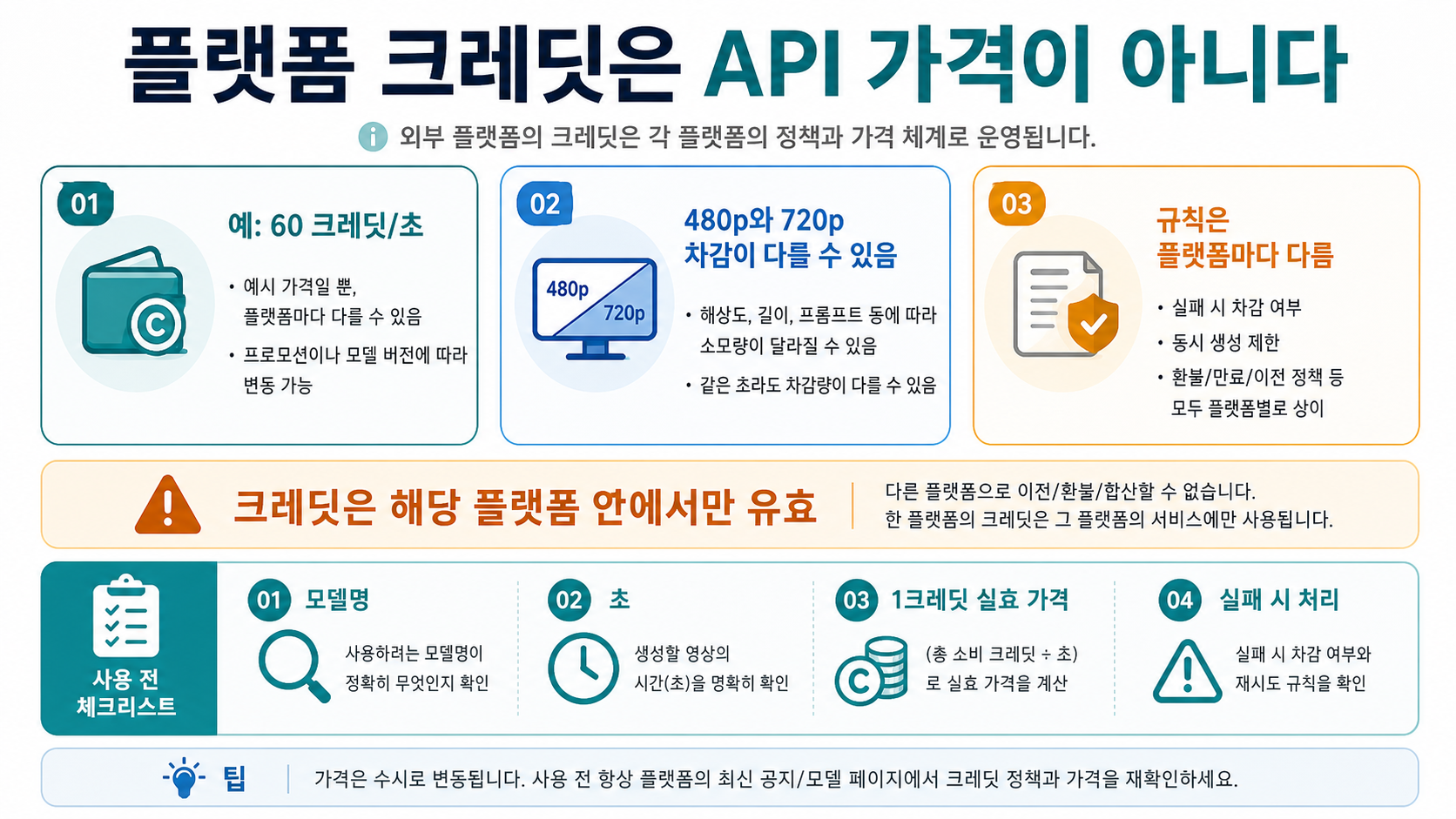 플랫폼별 크레딧 지갑을 비교해 Grok Imagine 동영상 크레딧이 플랫폼 내부 단위임을 보여 주는 보드