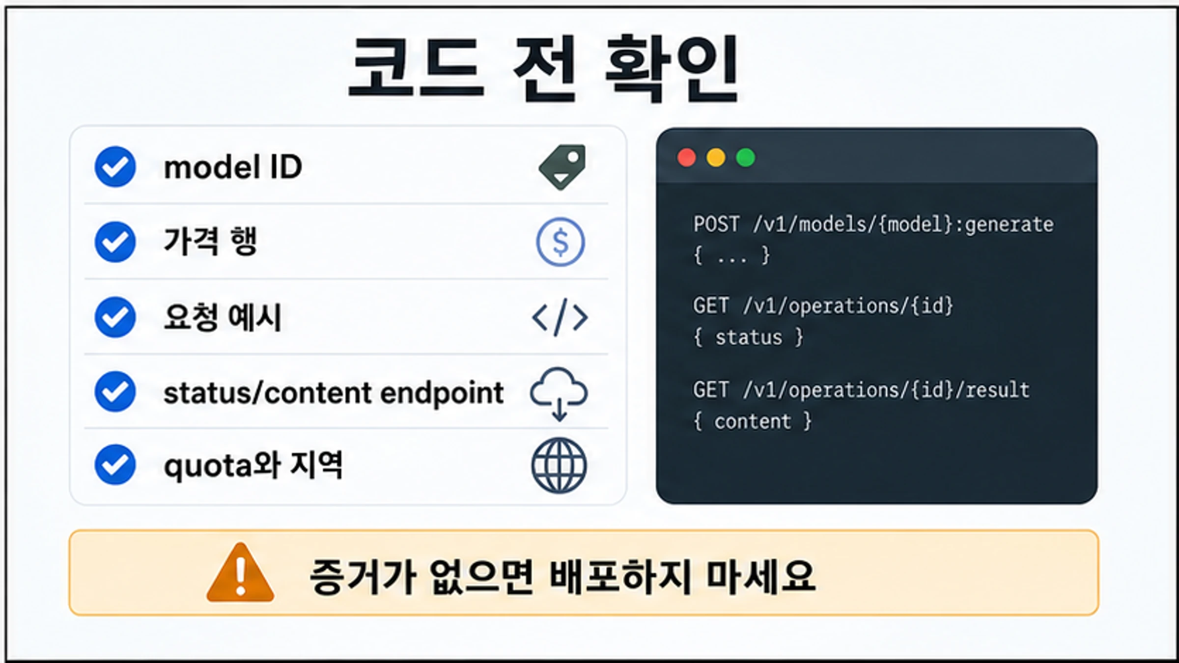 model ID pricing row request sample status endpoint quota region을 확인하는 한국어 developer checklist