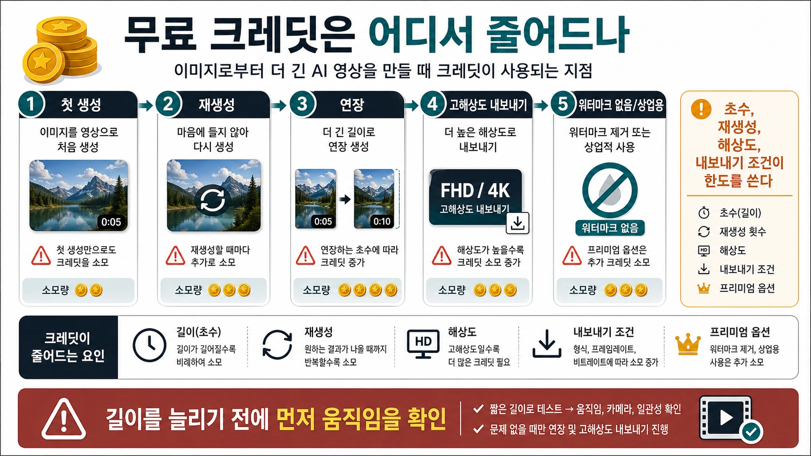이미지에서 영상으로 만들 때 무료 크레딧이 첫 생성, 재생성, 연장, 고해상도 내보내기, 워터마크 없음 또는 상업 조건에서 줄어드는 한국어 설명도