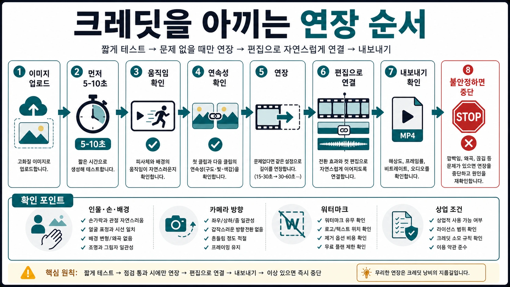 이미지를 업로드하고 먼저 5-10초 클립을 만든 뒤 움직임과 연속성을 확인하고 연장, 편집, 내보내기 또는 중단으로 가는 한국어 워크플로