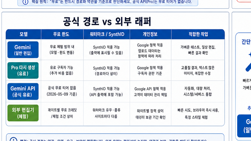 Nano Banana Pro 공식 경로와 외부 래퍼를 모델, 무료 한도, 워터마크, 개인정보, 적합한 작업 기준으로 비교한 보드