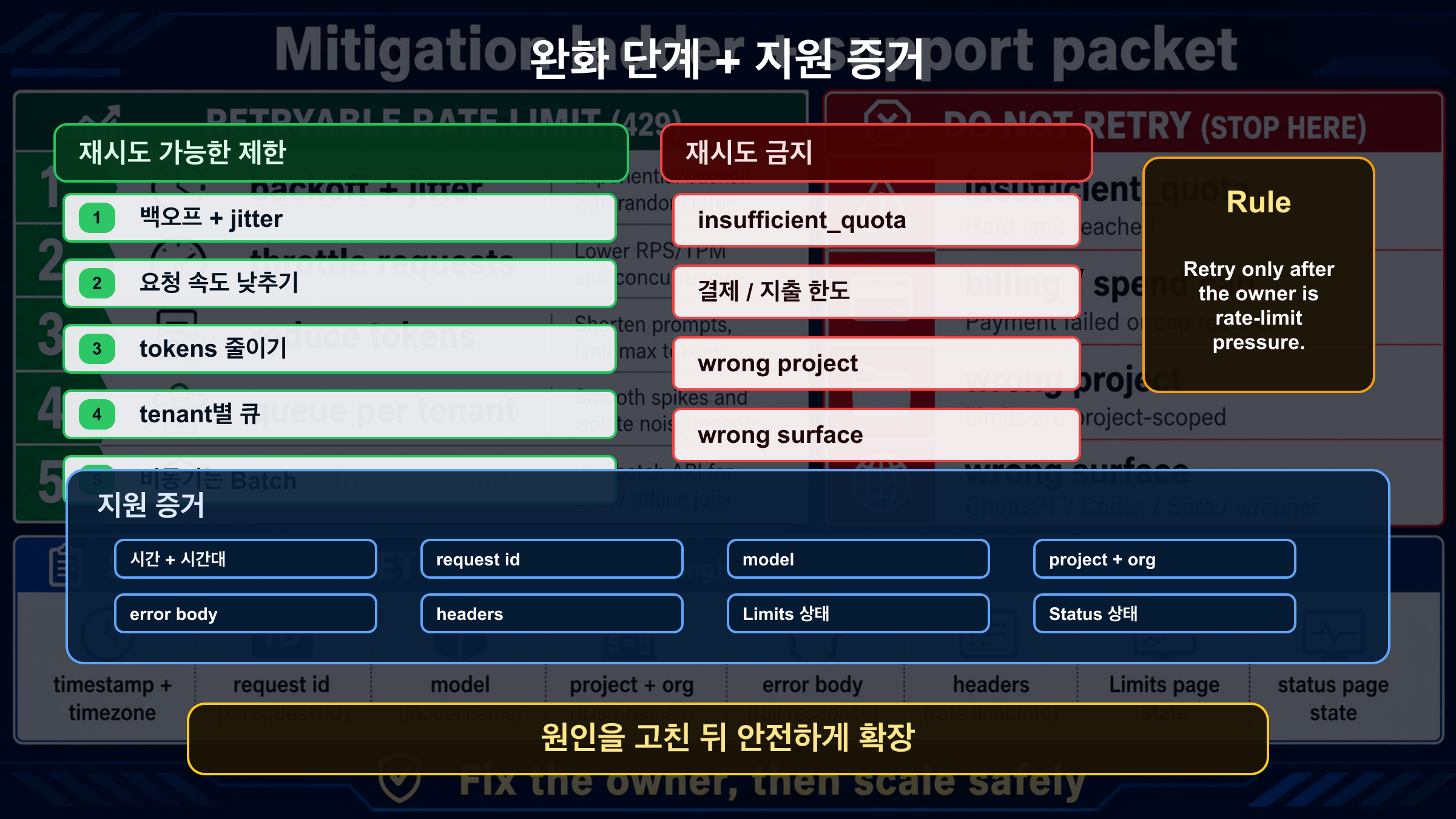 OpenAI API 429 mitigation ladder와 support packet