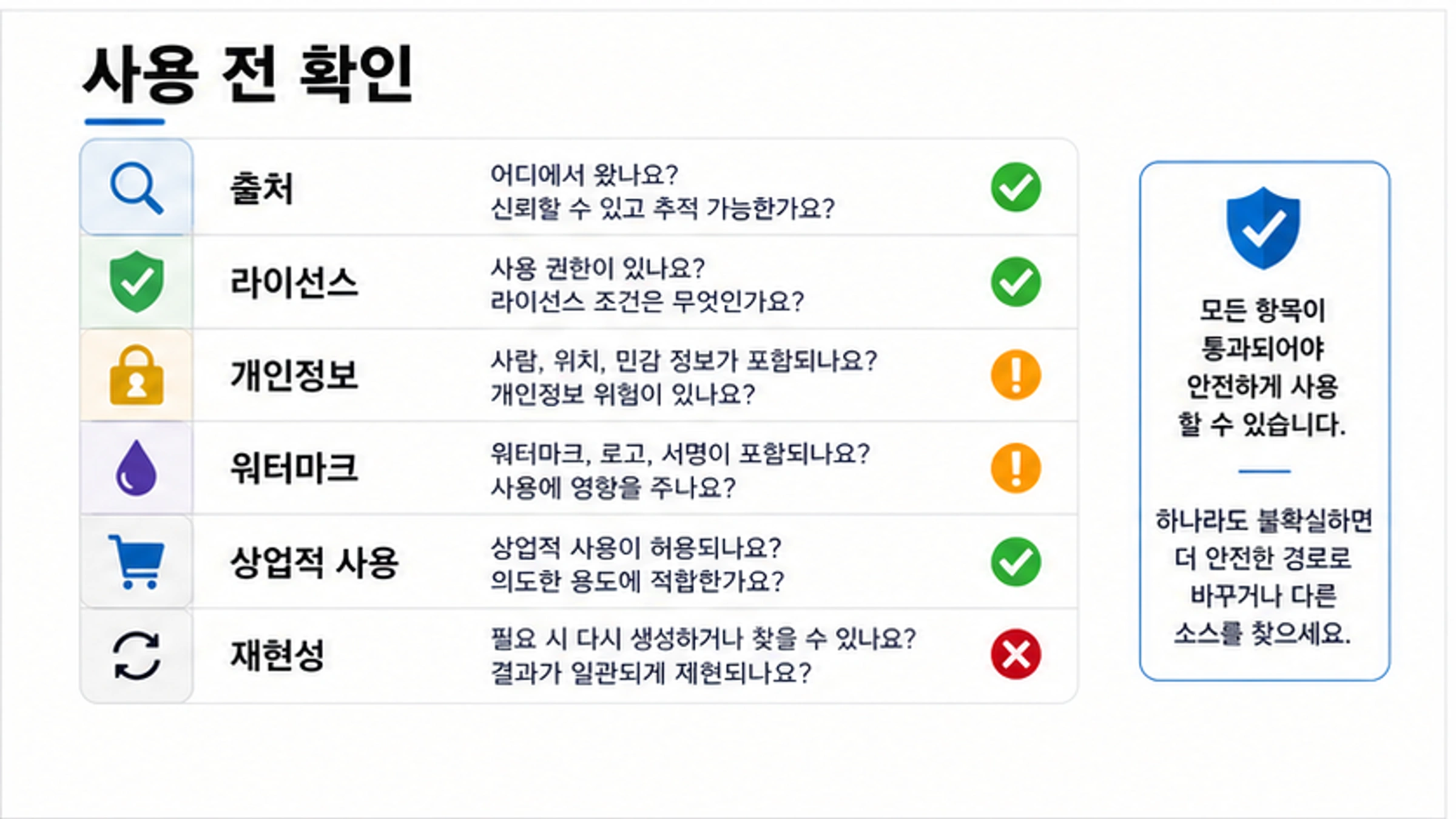 출처, 라이선스, 개인정보, 워터마크, 상업적 사용, 재현 가능성을 확인하는 체크리스트
