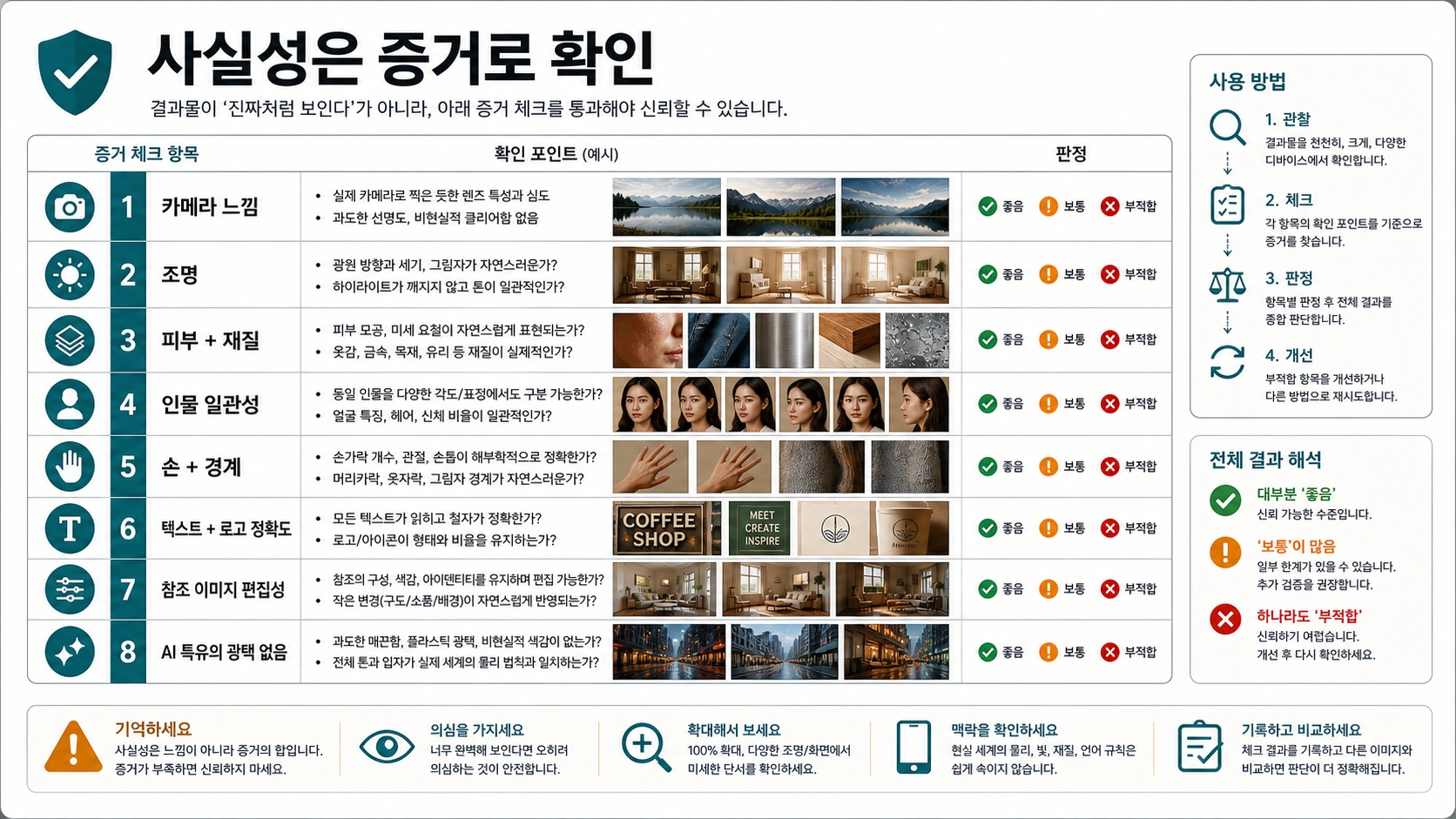 AI 이미지 사실성 증거 매트릭스로 카메라 느낌 조명 피부 재질 인물 일관성 텍스트 정확도와 AI 흔적을 점검