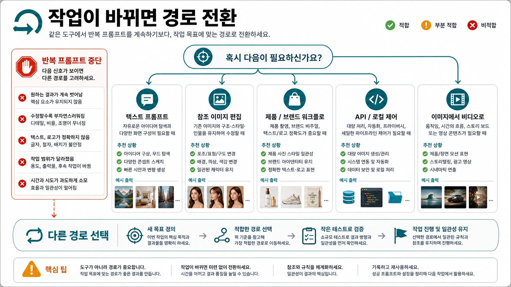 텍스트 프롬프트에서 참조 편집 제품 워크플로 API 제어 이미지-비디오 경로로 전환하는 시점을 보여주는 흐름도