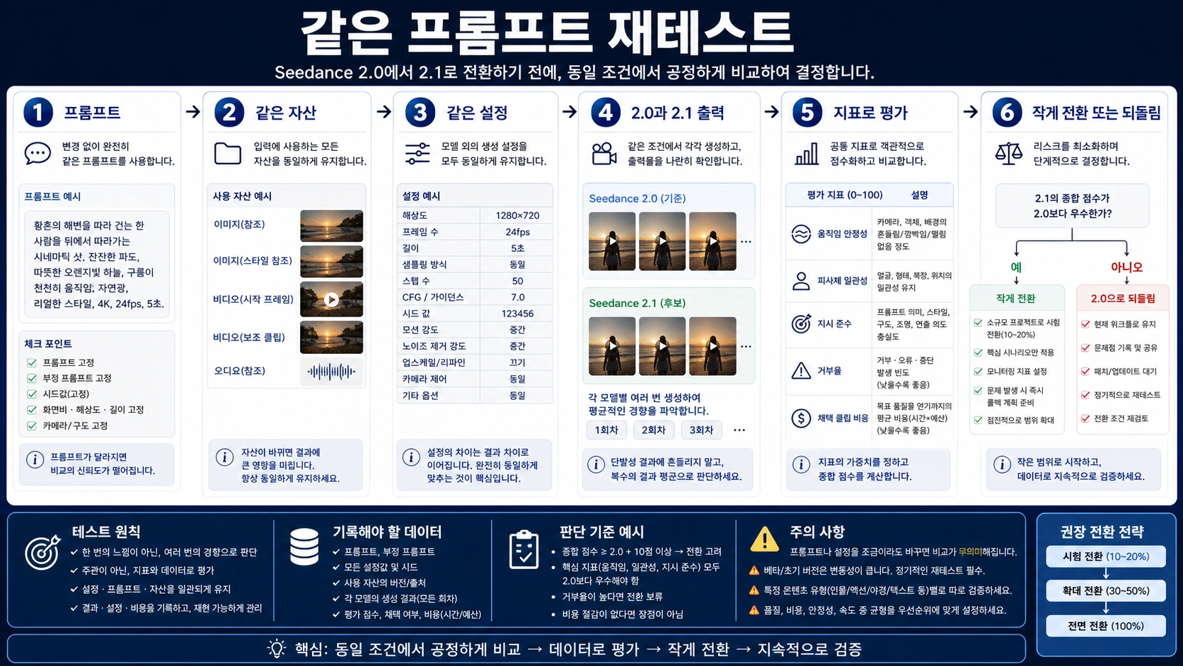 Seedance 2.0과 확인된 Seedance 2.1 경로를 같은 프롬프트로 재테스트하는 흐름