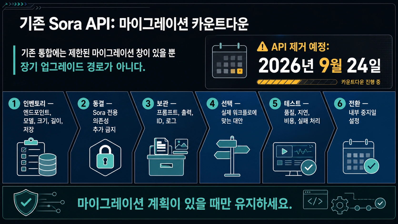 Sora API 마이그레이션 기한: 2026년 9월 24일 전 의존성 목록, 기준 샘플, 대안 검증, 전환 완료