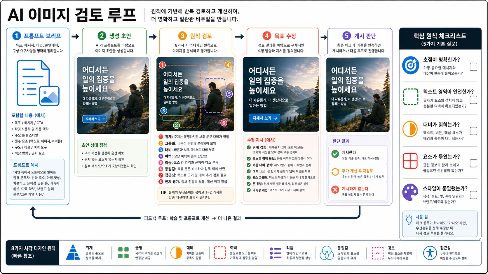 프롬프트 브리프, 생성 초안, 원칙 검토, 목표 수정, 게시 판단으로 이어지는 AI 이미지 검토 루프