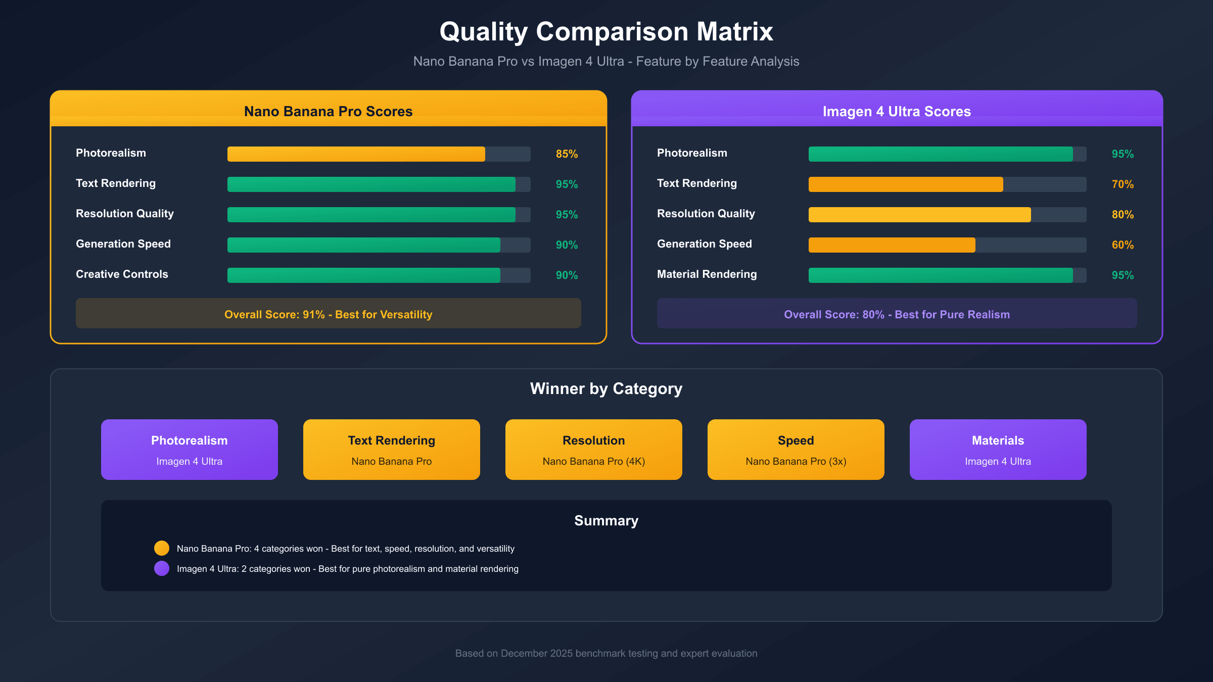 Quality comparison chart showing Nano Banana Pro and Imagen 4 Ultra performance across photorealism, text rendering, and detail accuracy metrics