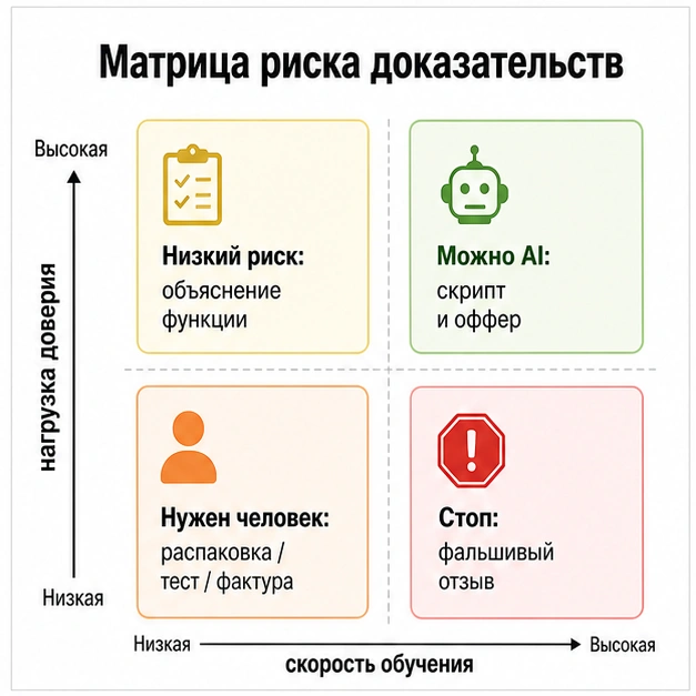 Матрица риска доказательств для ИИ-аватаров, реального UGC и недопустимых фальшивых отзывов