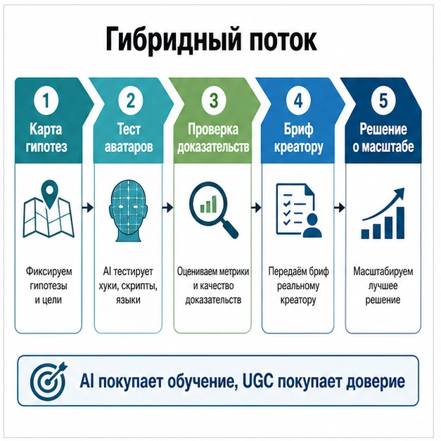 Гибридный поток от карты гипотез и теста аватаров до брифа креатору и решения о масштабе