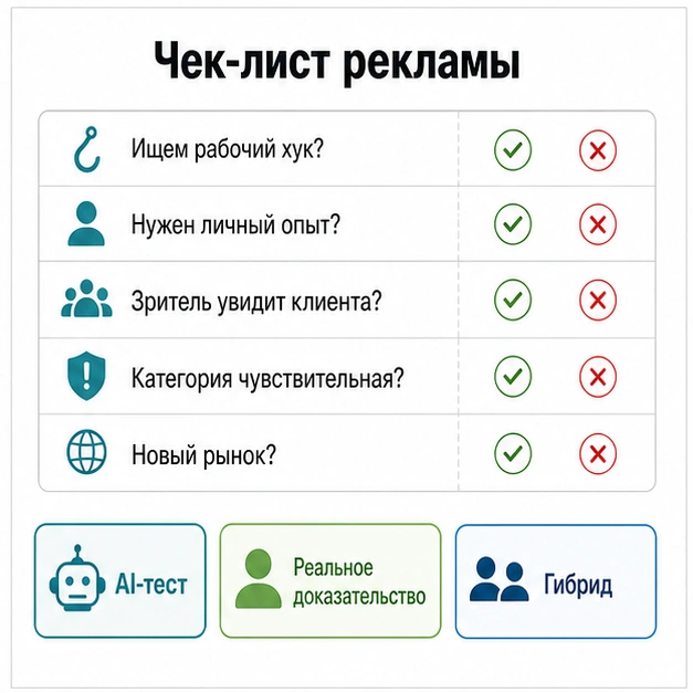 Чек-лист рекламы для выбора AI-теста, реального доказательства или гибридного маршрута