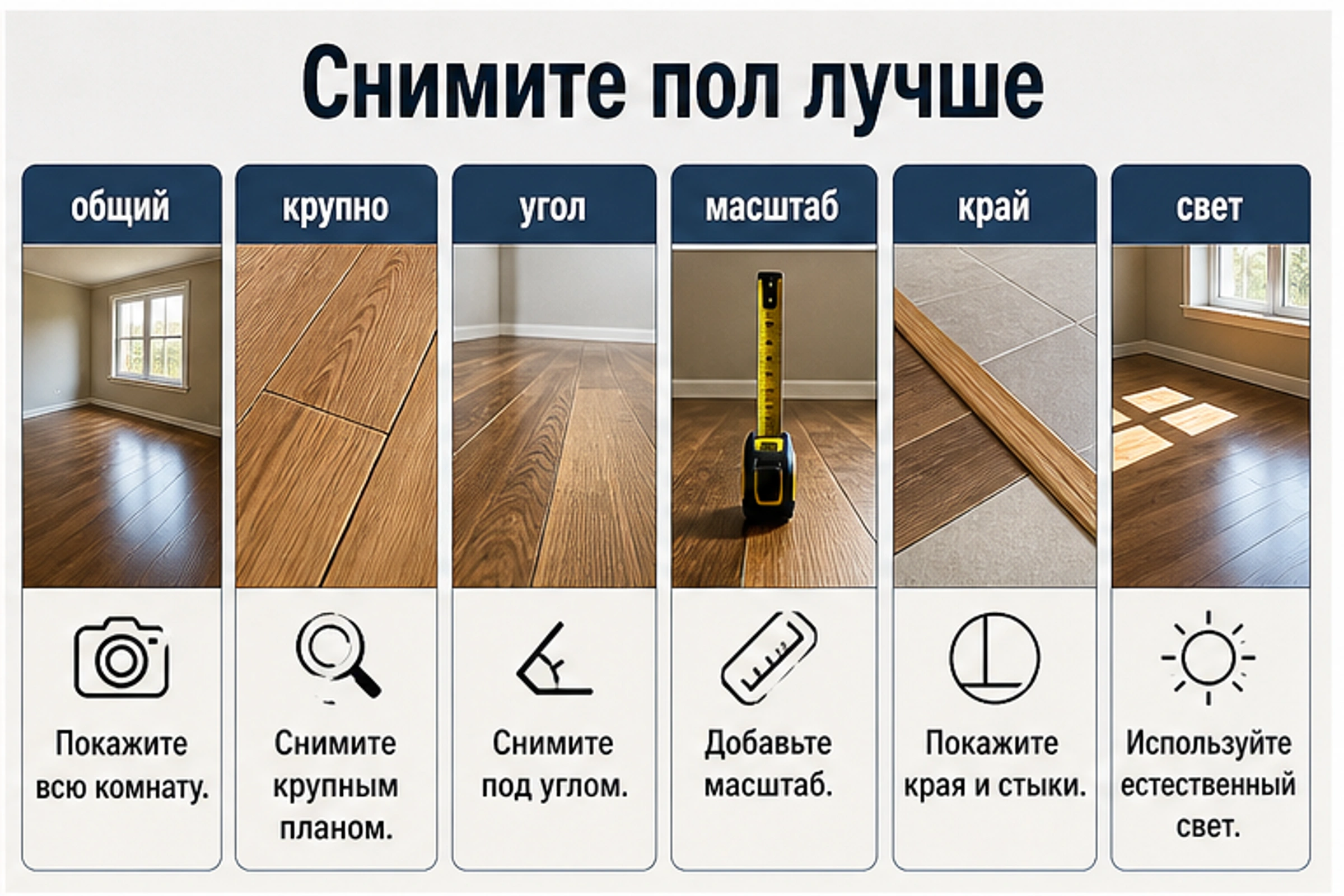 Чек-лист съемки пола: общий план, крупный план, низкий угол, предмет масштаба, край и свет.