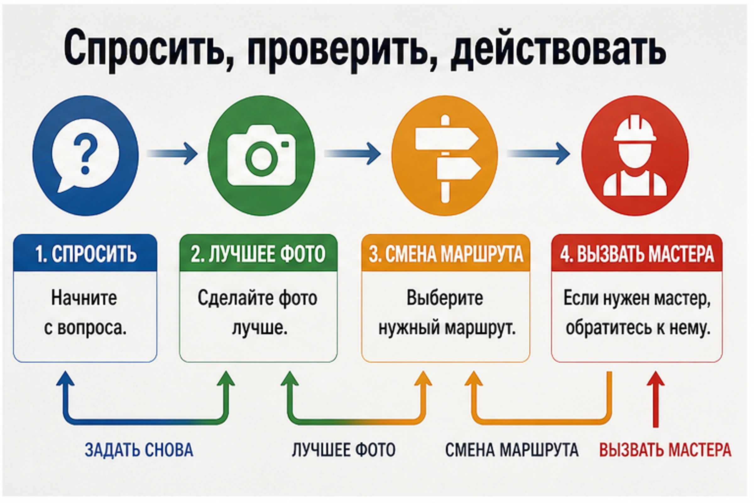 Рабочий процесс для фото пола: задать узкий вопрос, улучшить фото, сменить маршрут или вызвать специалиста.
