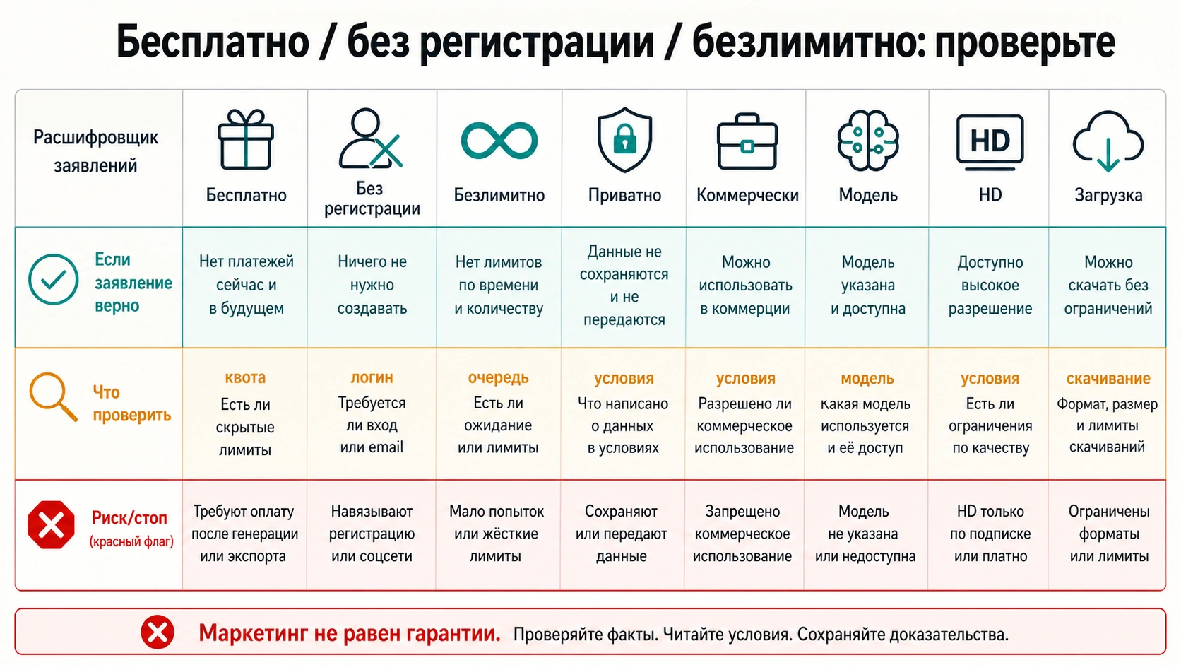 Матрица проверки обещаний бесплатного AI генератора изображений без регистрации
