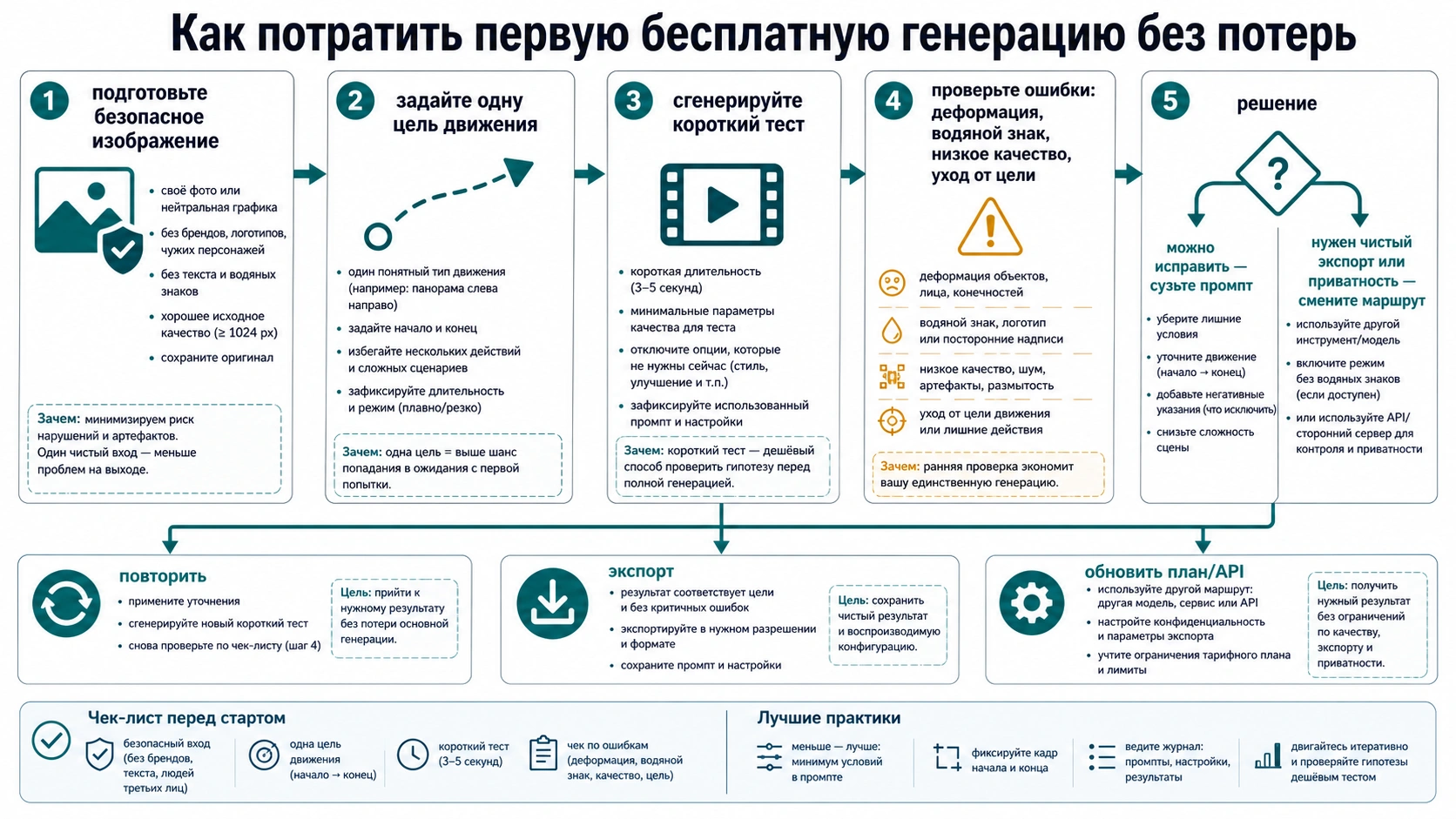 Порядок первой бесплатной генерации: безопасное изображение, узкое движение, тест, проверка ошибок и смена маршрута