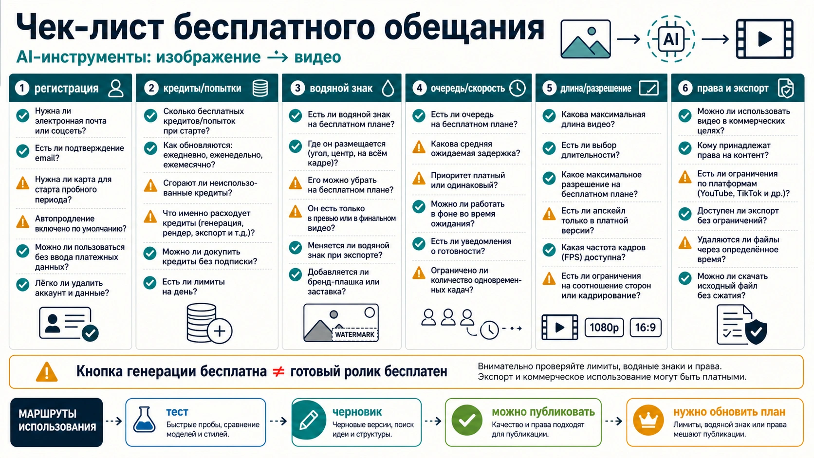 Чек-лист для проверки бесплатного обещания: регистрация, кредиты, водяной знак, очередь, качество и права