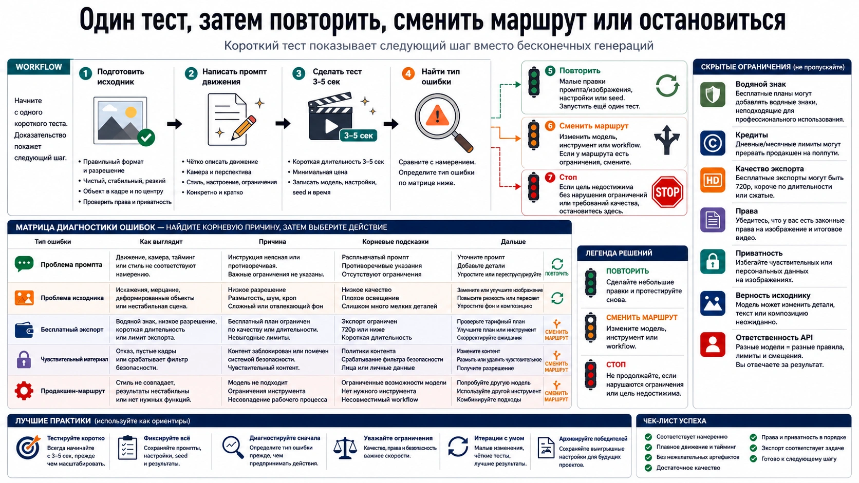 Один короткий тест: подготовить изображение, написать prompt, сгенерировать, определить тип сбоя, reroll/switch/stop.