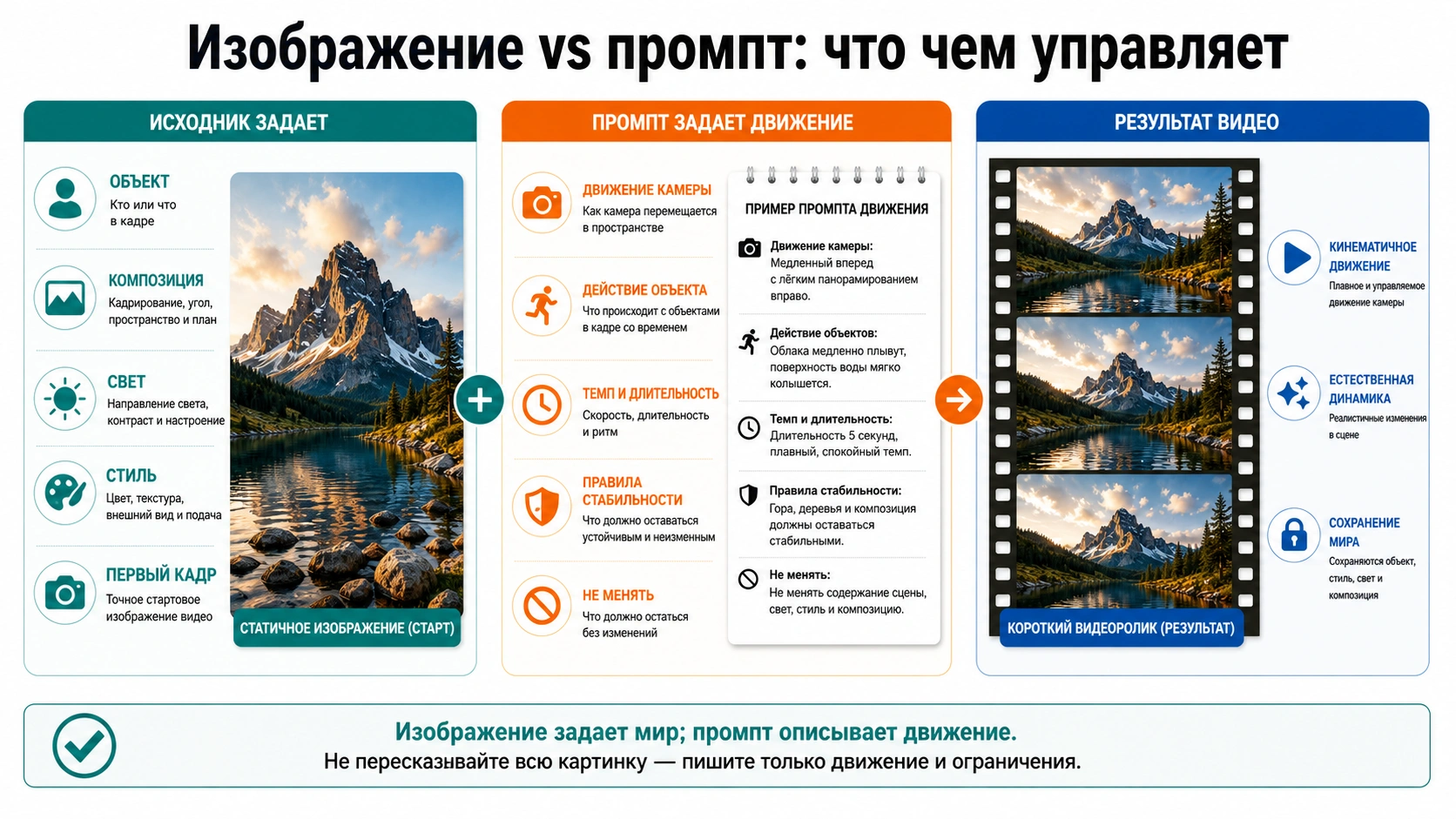 Разделение ролей: исходное изображение фиксирует subject и composition, prompt управляет камерой, действием, темпом и стабильностью.