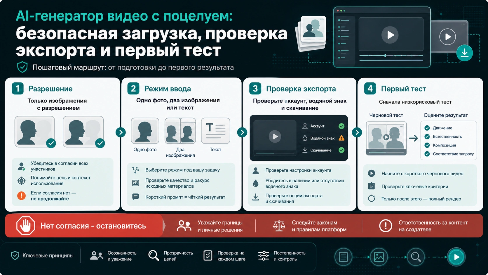 ИИ-генератор видео поцелуев: согласие, бесплатный экспорт и первый тест