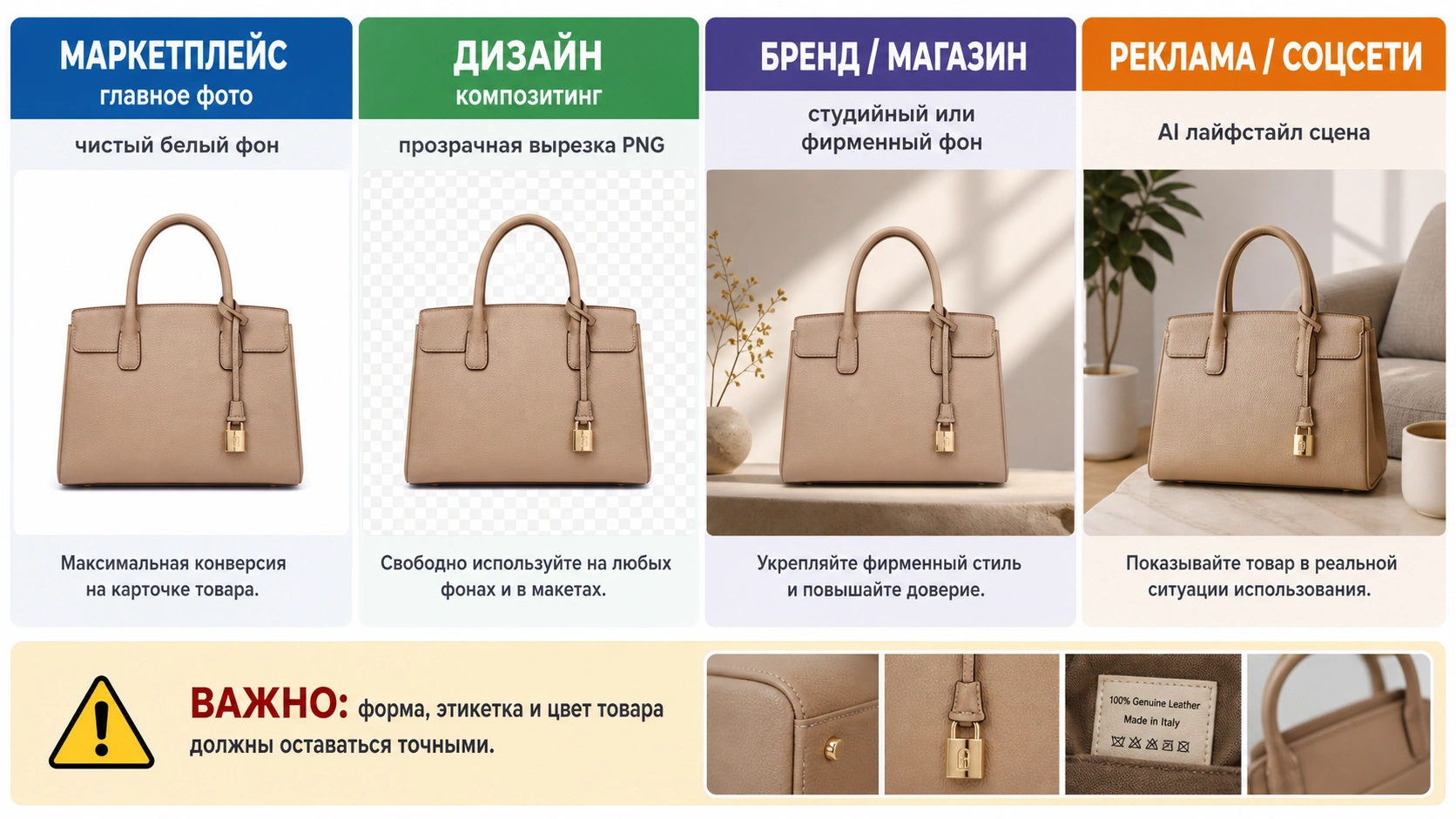 Матрица выбора фона для товара: маркетплейс, прозрачный PNG, студийный фон и AI-сцена.