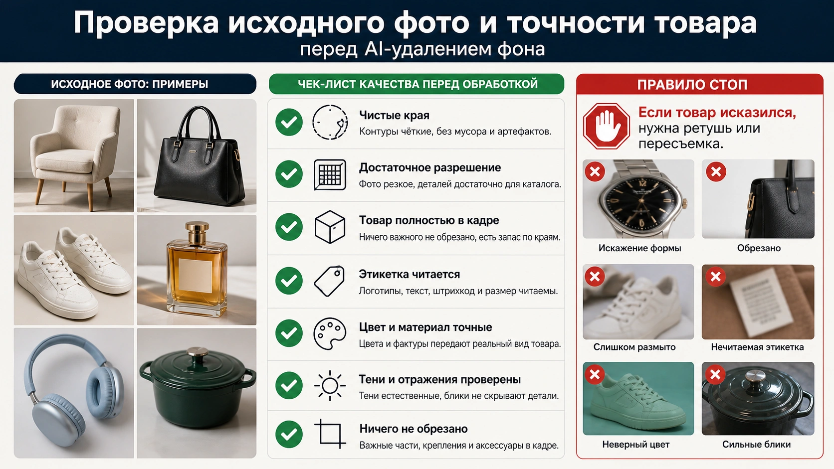Чек-лист исходного фото перед удалением фона: край, этикетка, материал, тень, прозрачные детали.